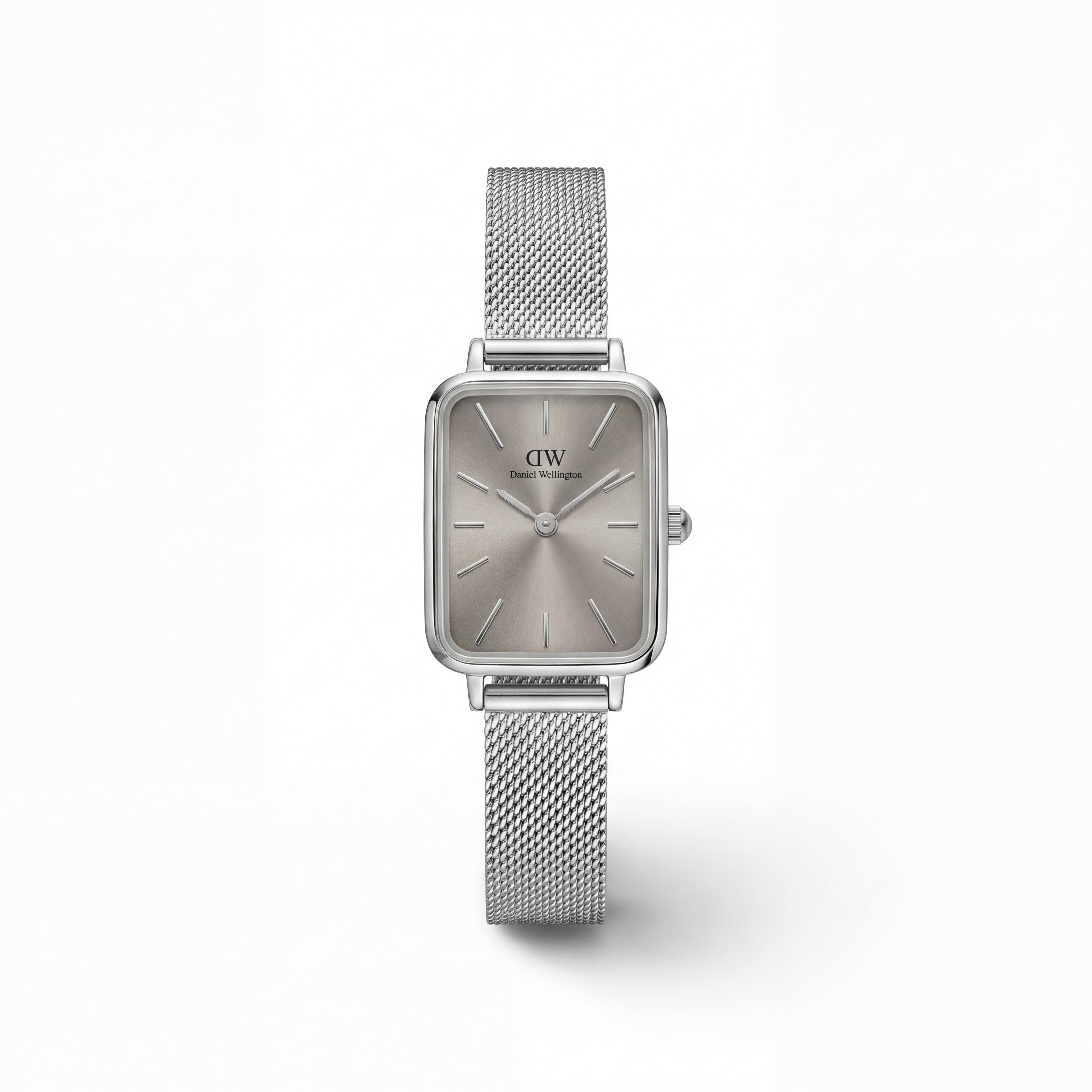Silver Rectangular Sunray Dial Mesh Strap Minimal Watch