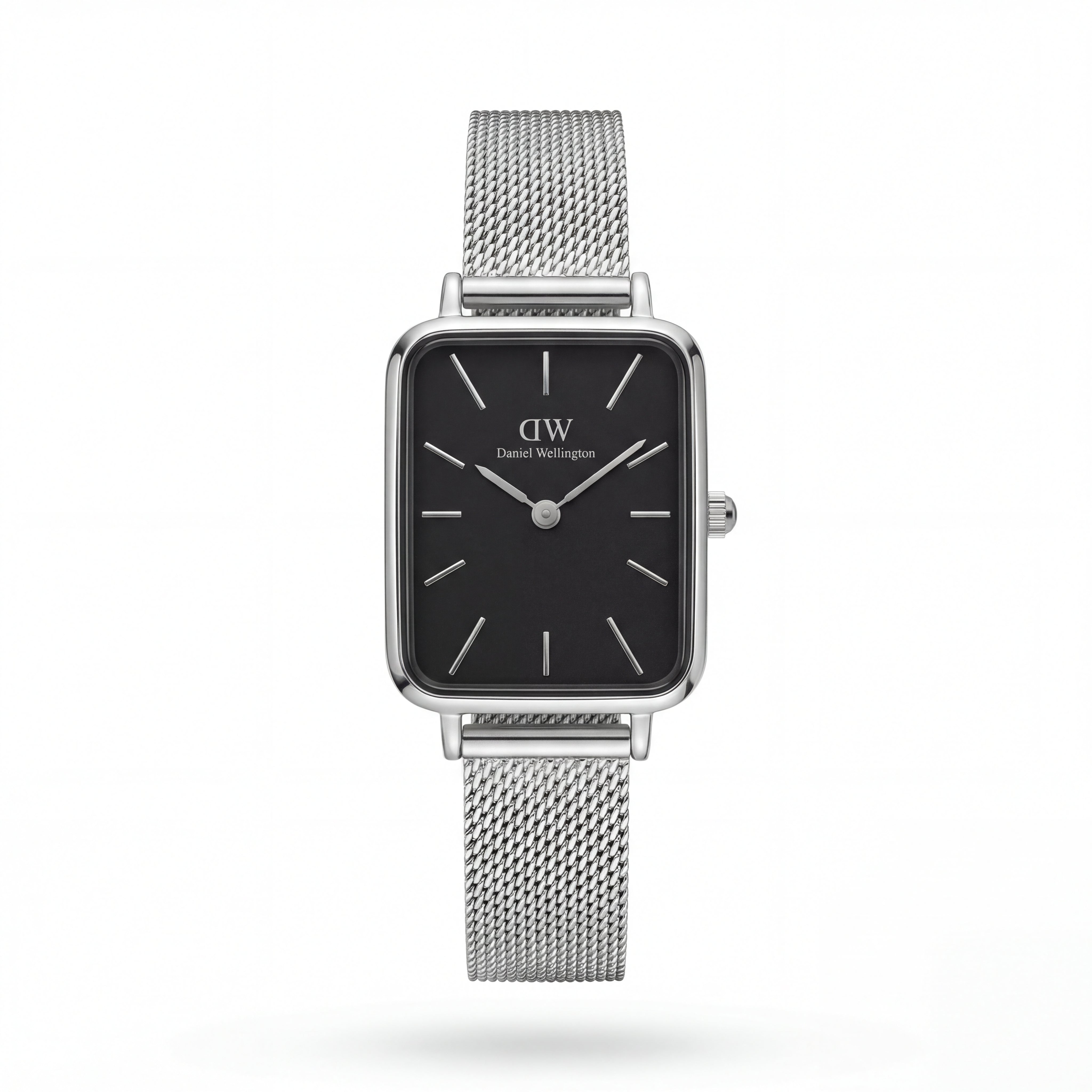 Midnight Black Rectangular Dial Silver Mesh Minimal Watch