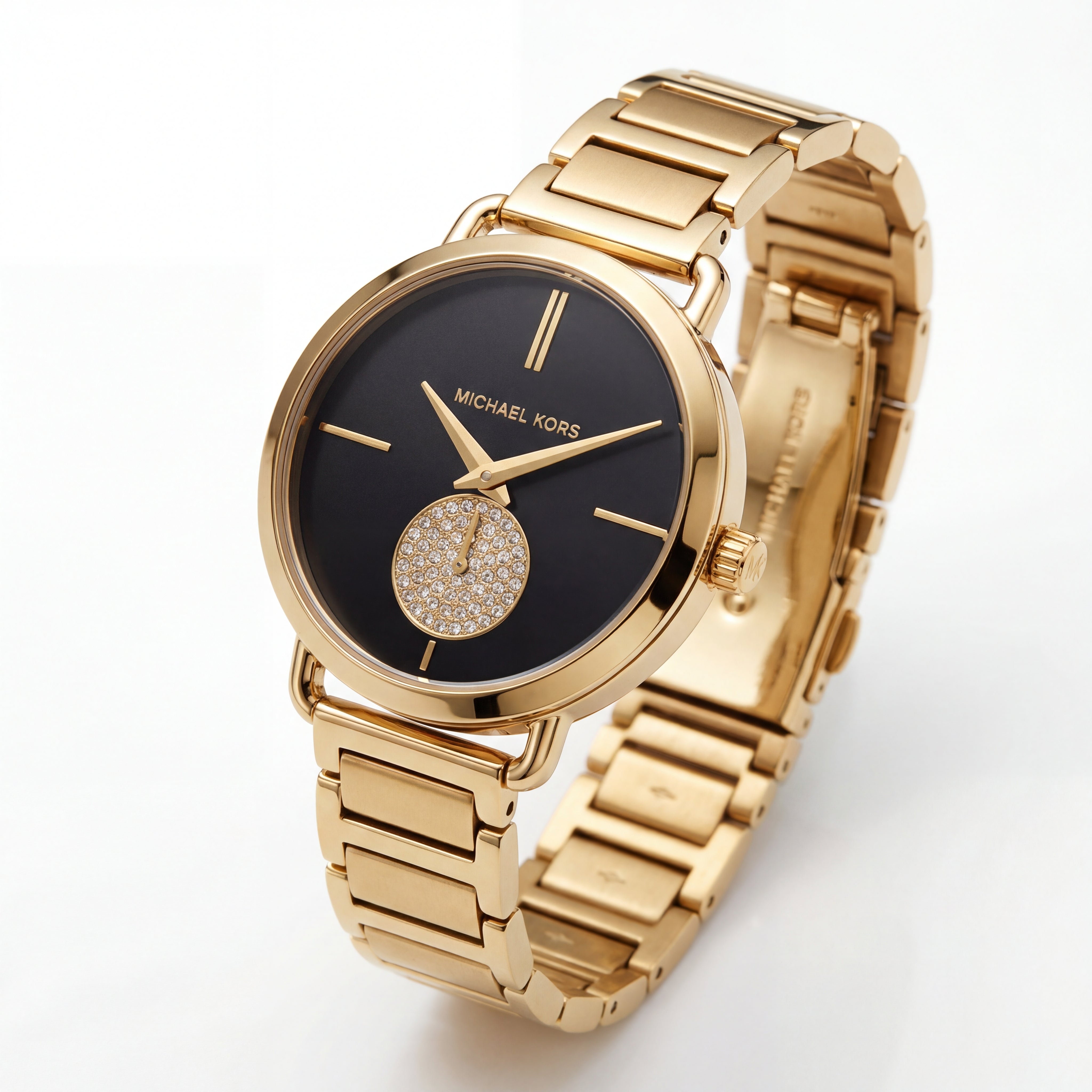 Gold-Tone Black Dial Crystal Subdial Minimal Bracelet Watch