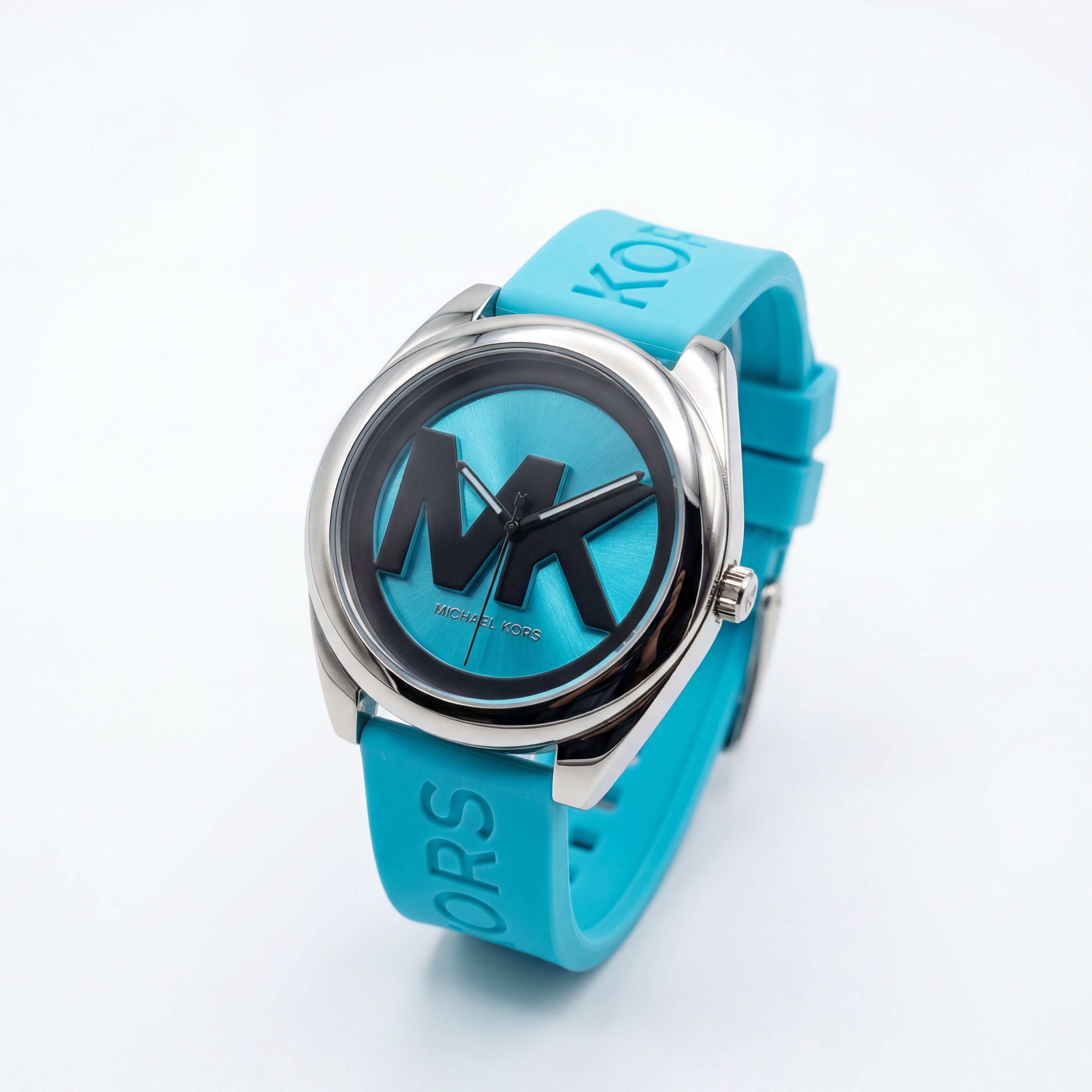 Aqua Blue MK Logo Dial Silicone Strap Statement Watch