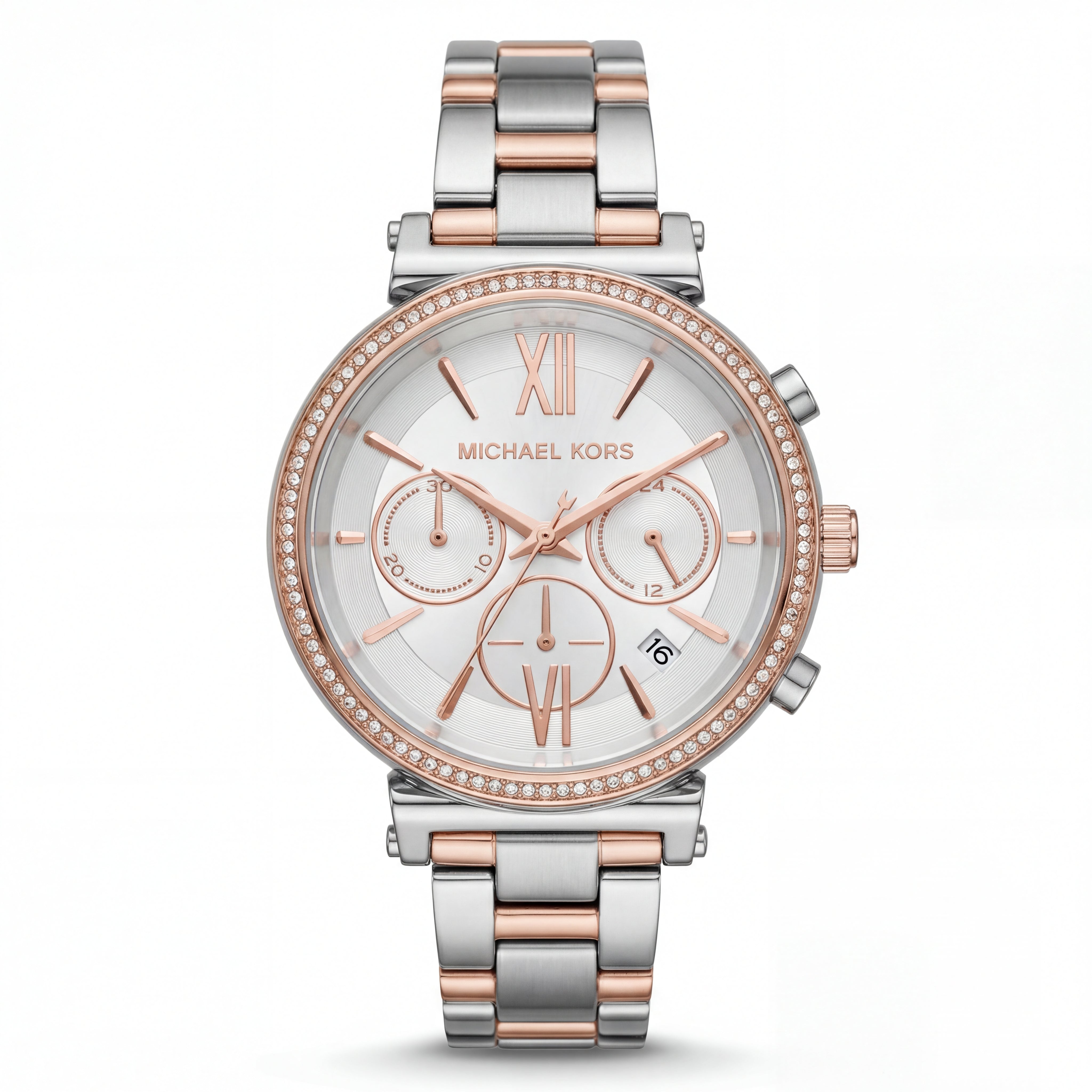 Two-Tone Silver Rose Gold Crystal Chronograph Watch