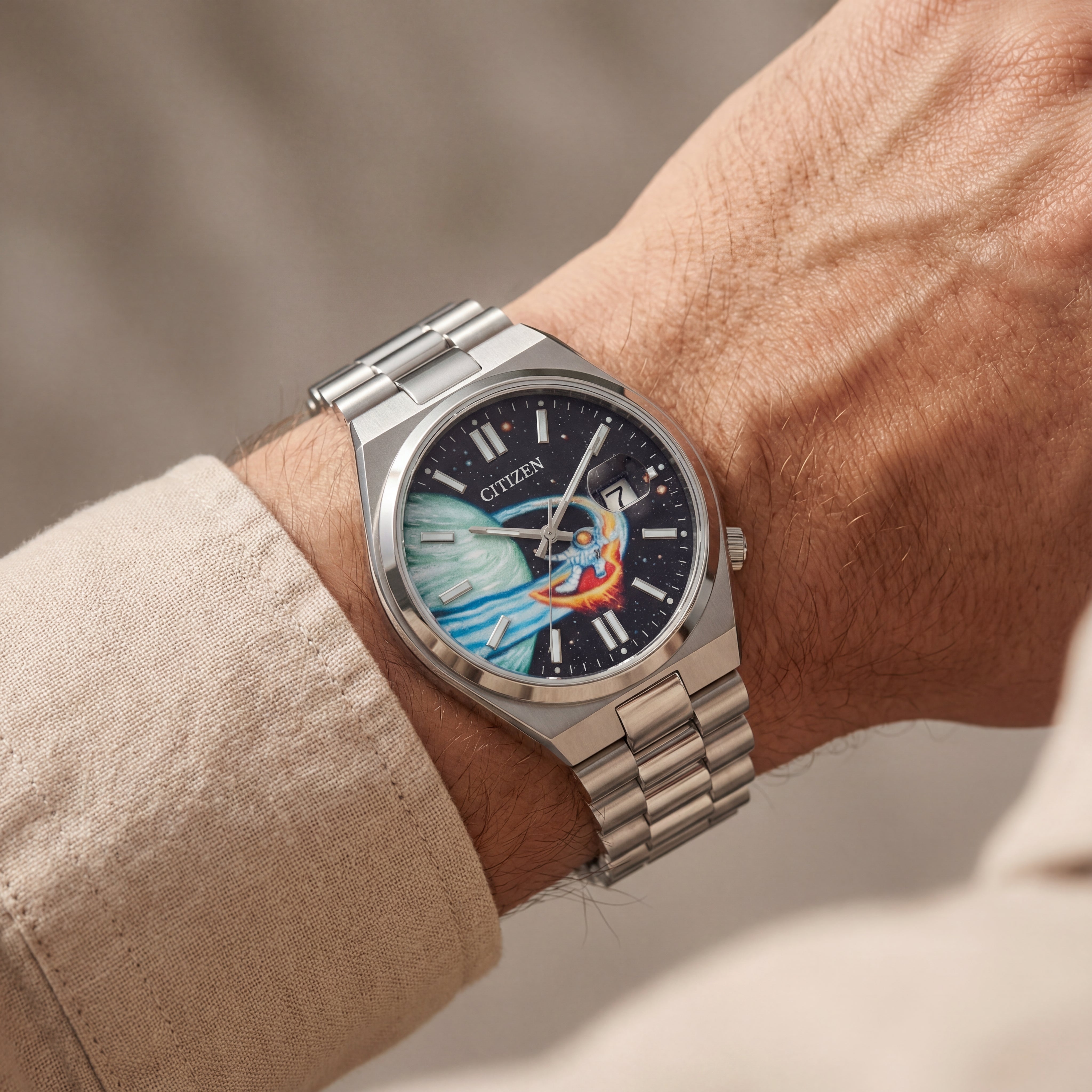 Celestial Astronaut Art Dial Stainless Steel Date Watch