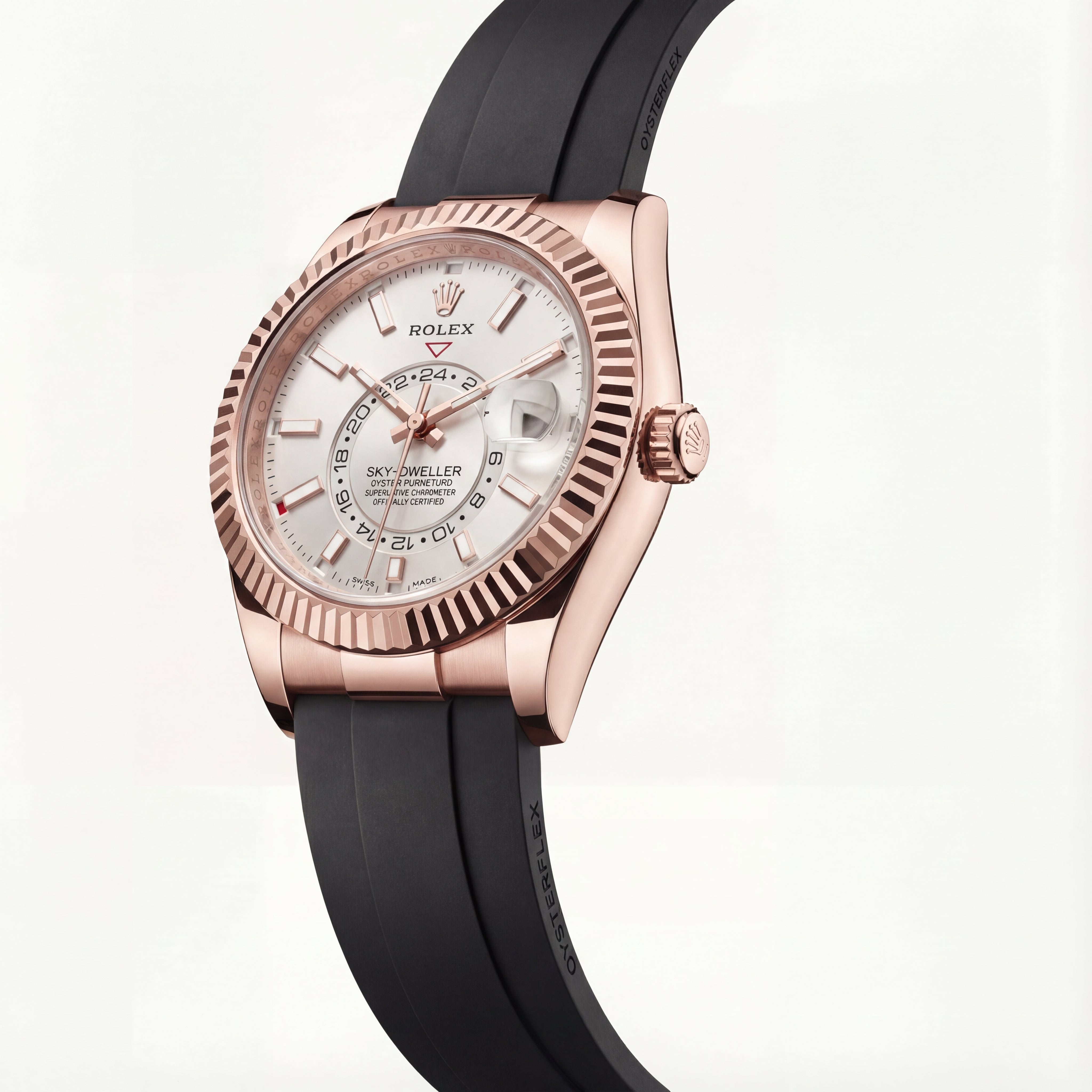 Rose Gold Silver Dial Fluted Bezel Luxury Men’s Watch with Black Strap