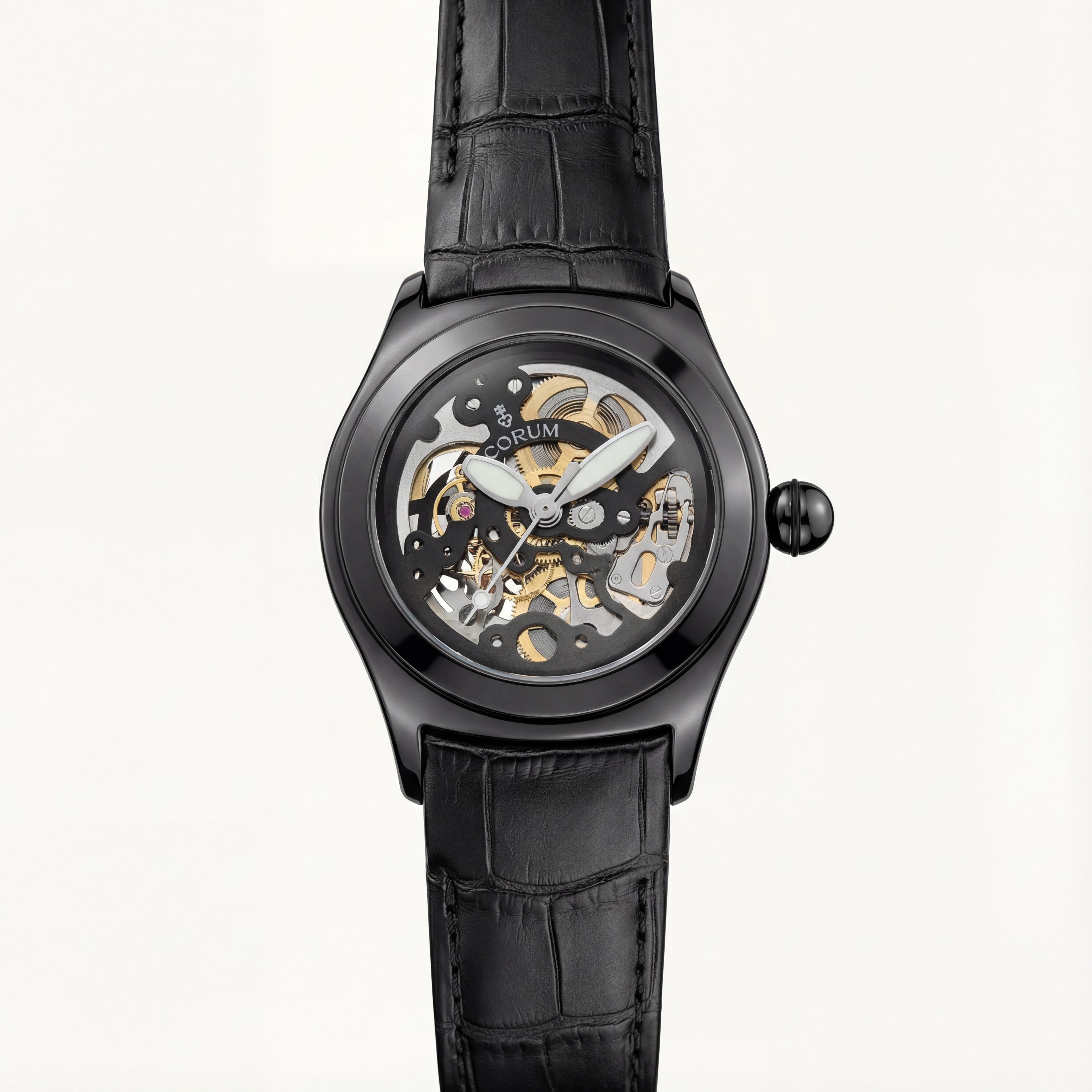 Men’s Luxury Skeleton Automatic Watch with Black Leather Strap