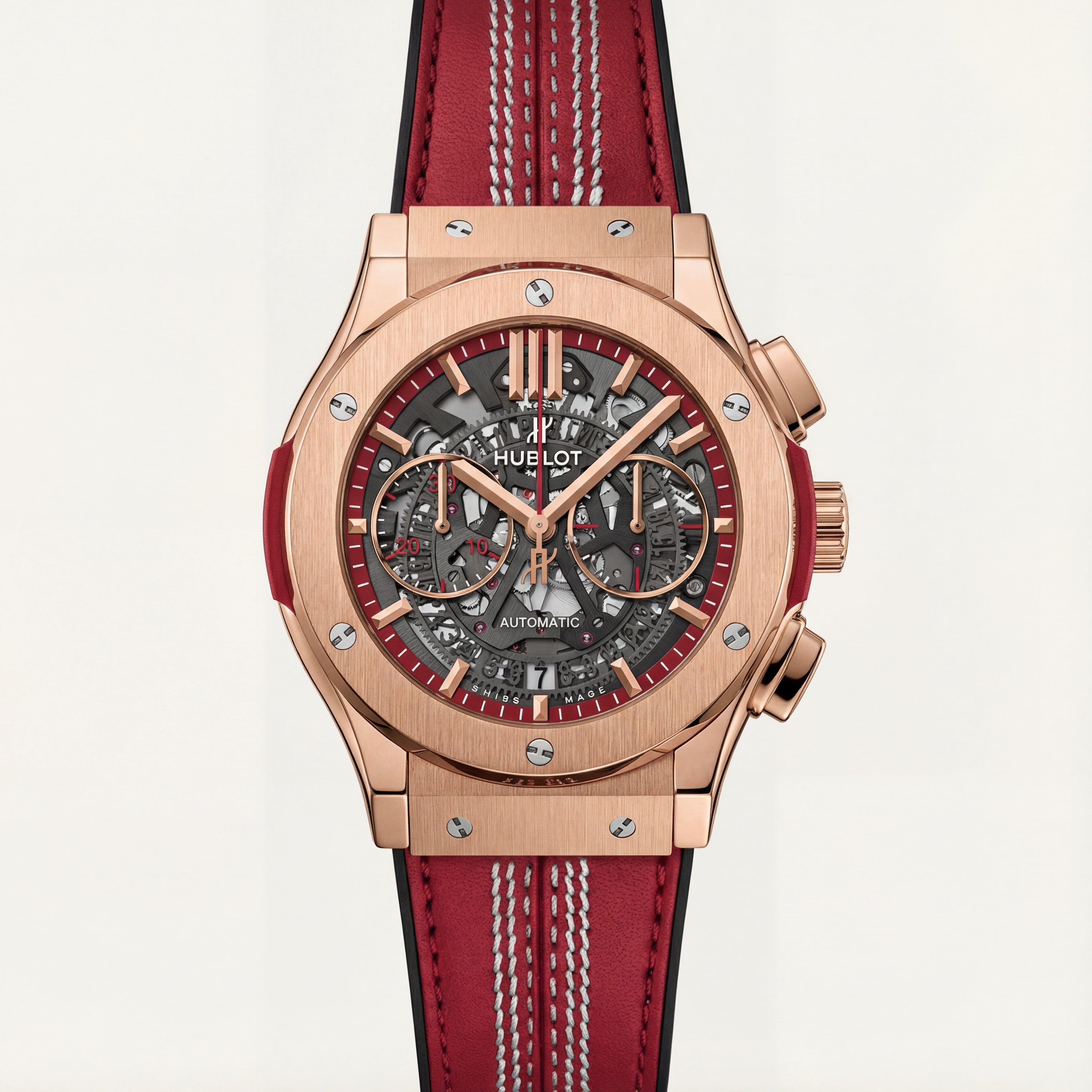 Rose Gold Skeleton Chronograph Watch with Red Leather Strap