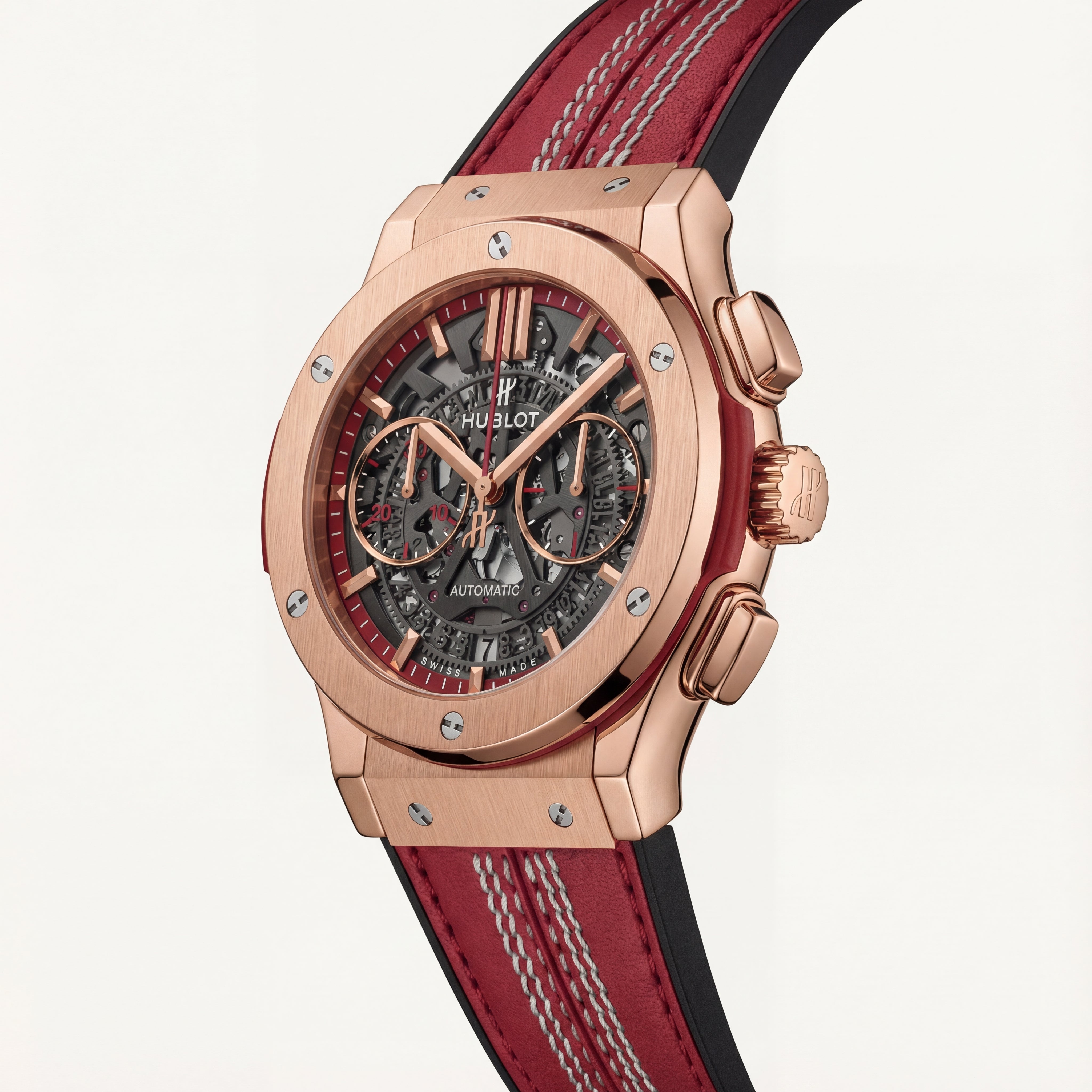 Rose Gold Skeleton Chronograph Watch with Red Leather Strap