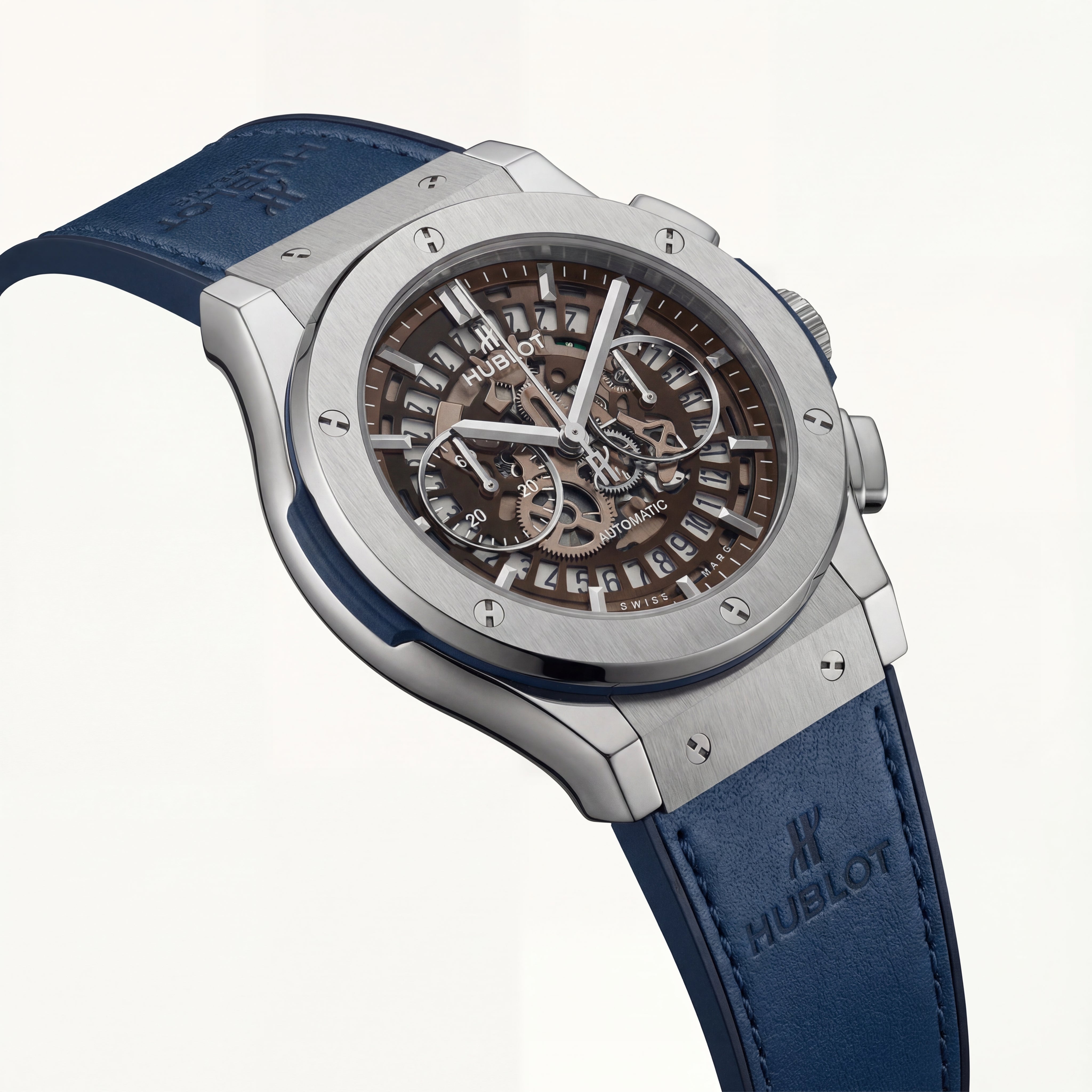 Skeleton Chronograph Watch – Grey Steel Case with Blue Strap