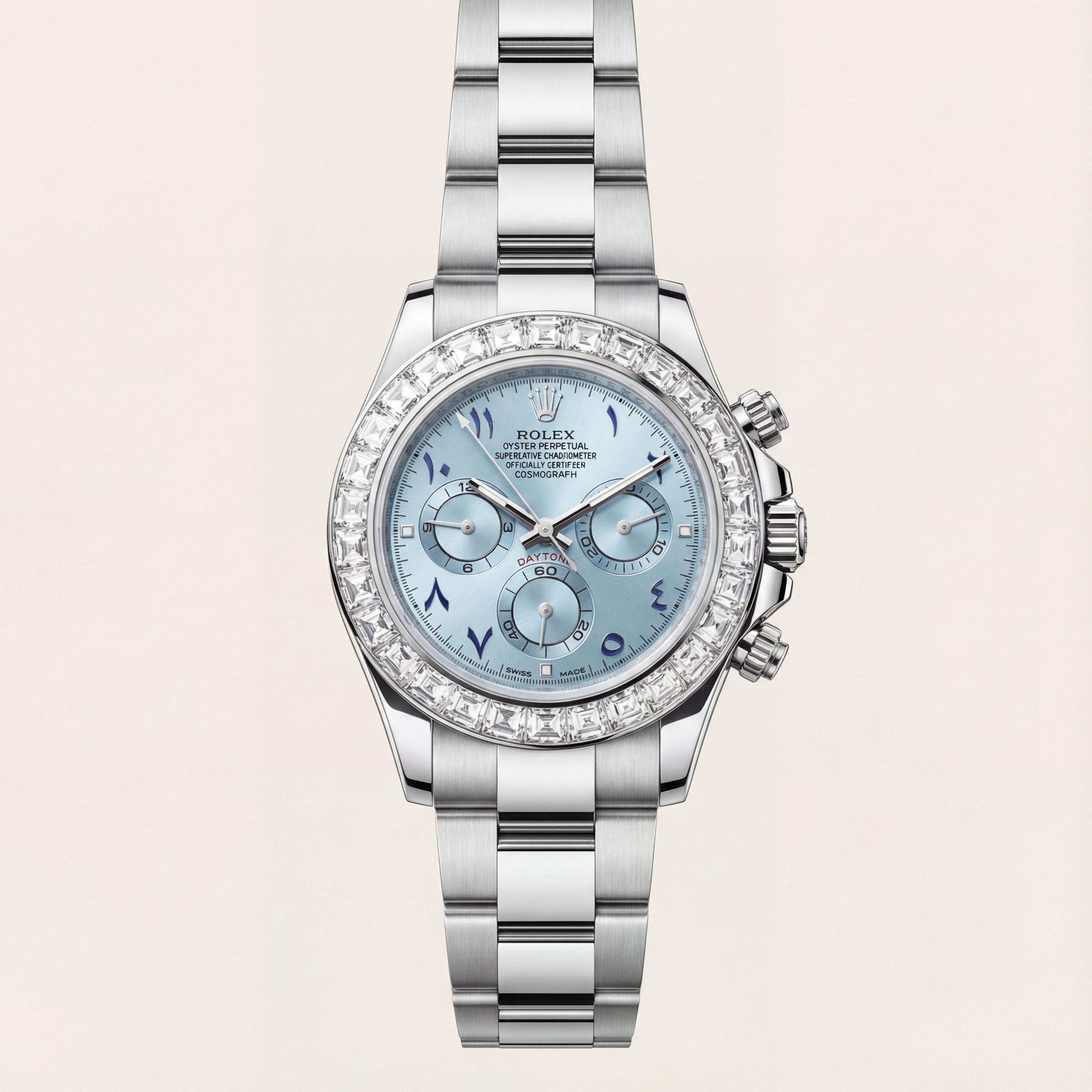 Ice Blue Diamond Bezel Chronograph Steel Watch – Luxury Racing Edition