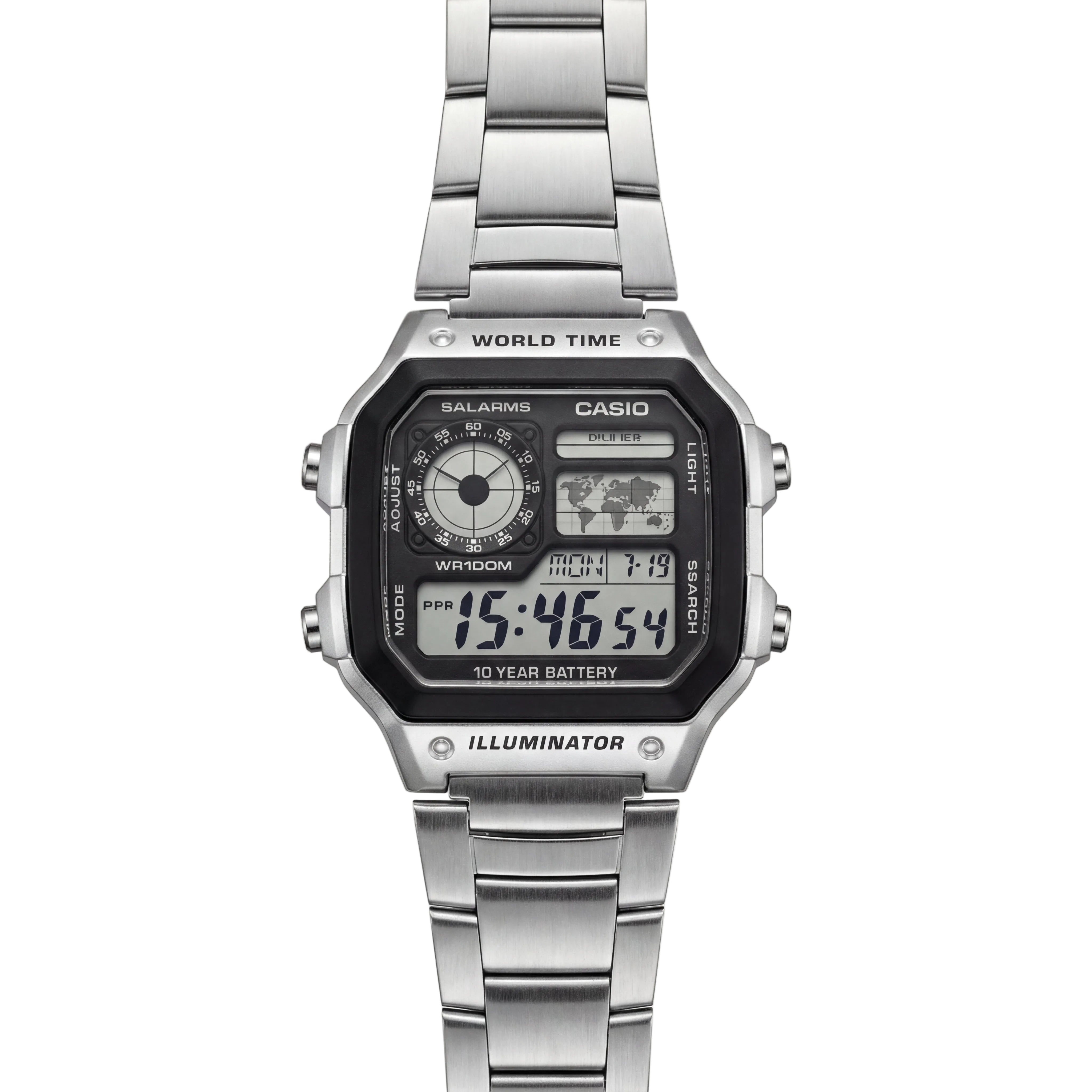 Stainless Steel Digital World Time Watch – Multi-Function Edition