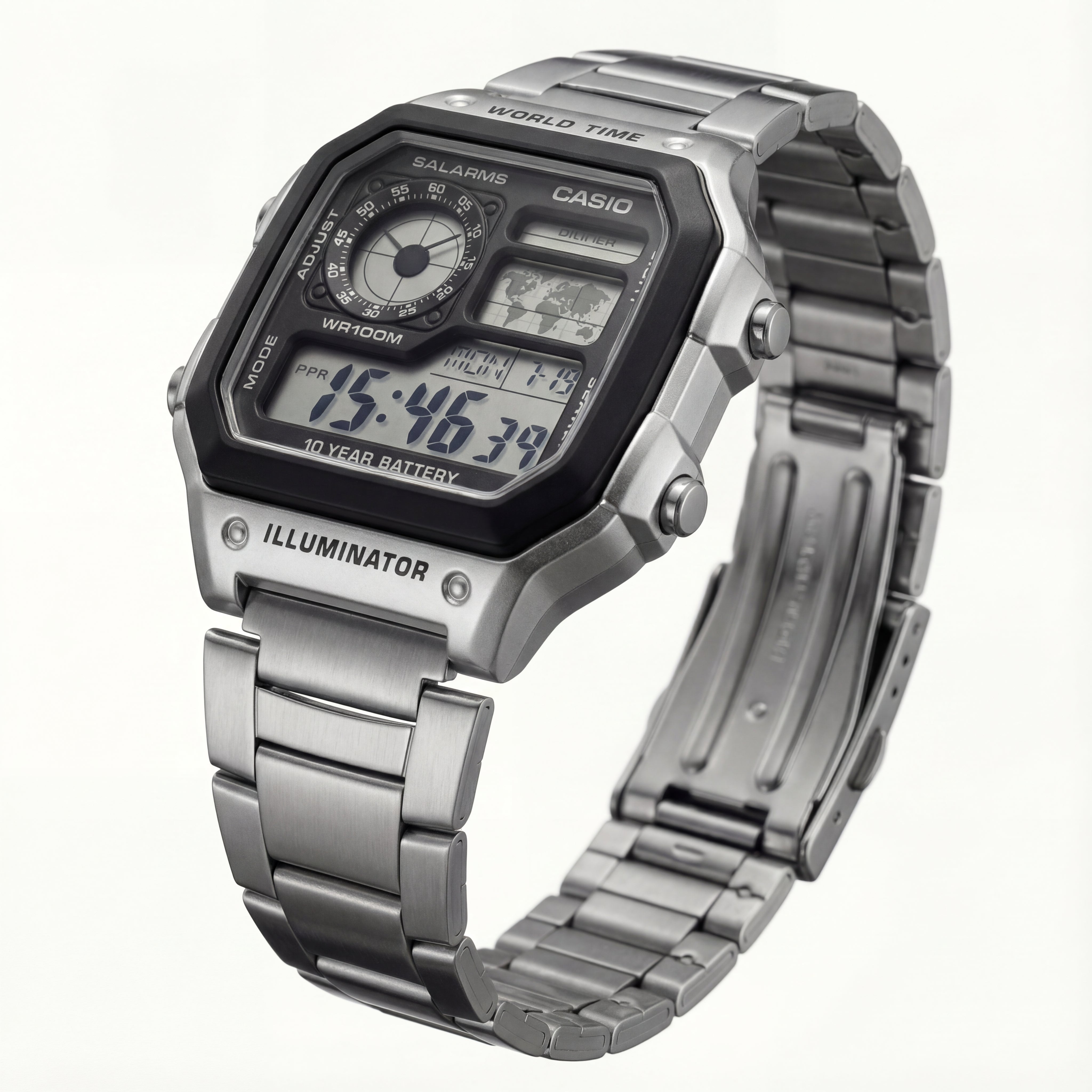 Stainless Steel Digital World Time Watch – Multi-Function Edition