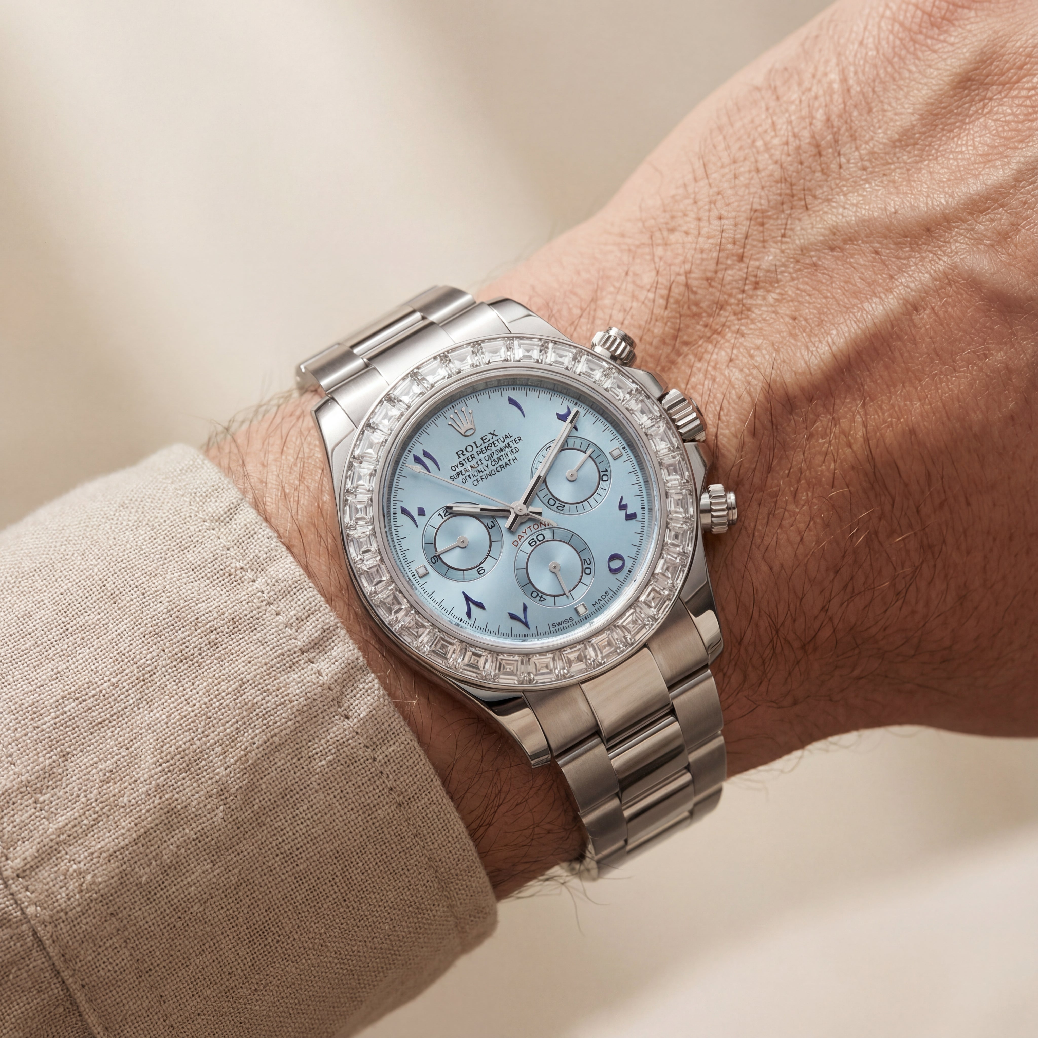 Ice Blue Diamond Bezel Chronograph Steel Watch – Luxury Racing Edition