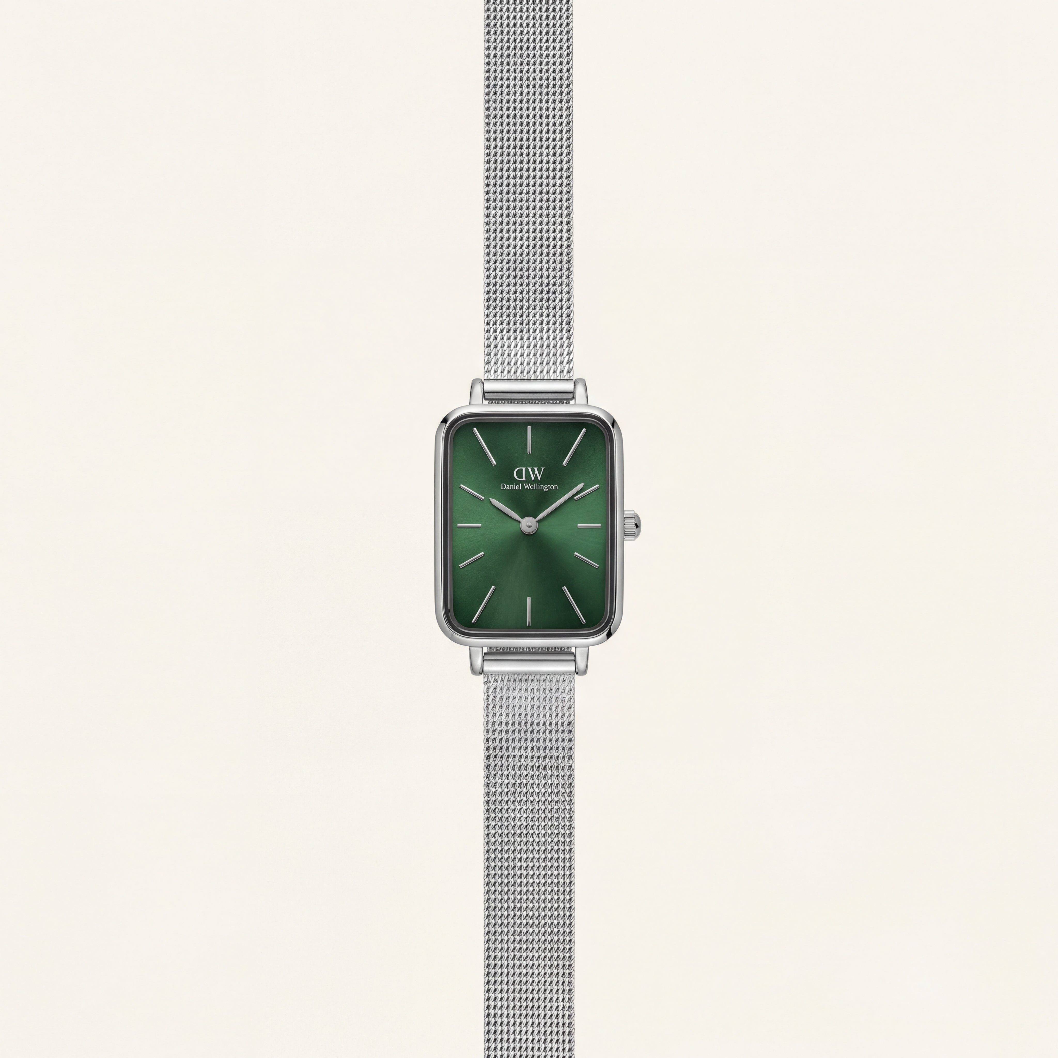 Emerald Green Rectangular Dial Silver Mesh Strap Minimal Watch
