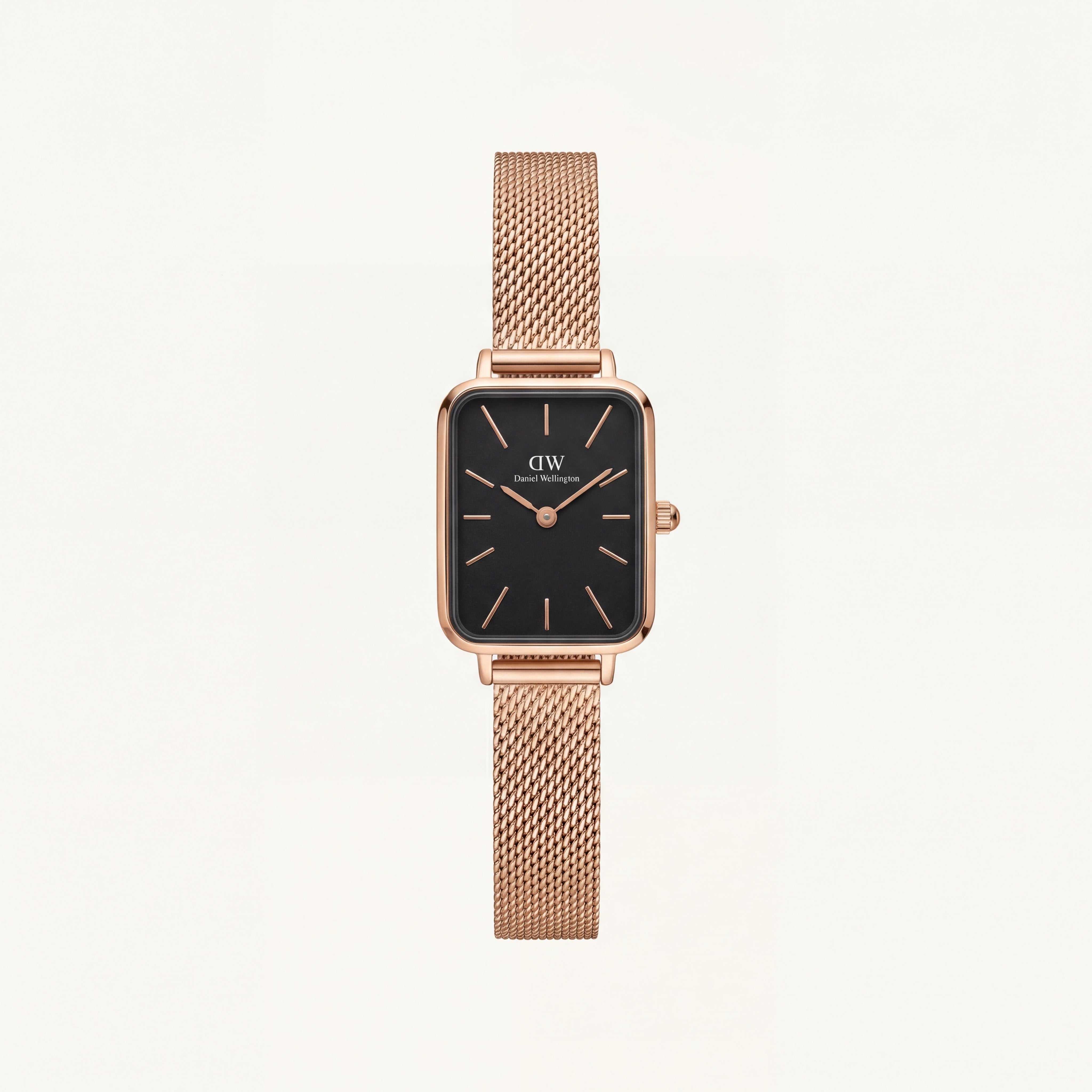 Rose Gold Rectangular Black Dial Mesh Strap Minimal Watch