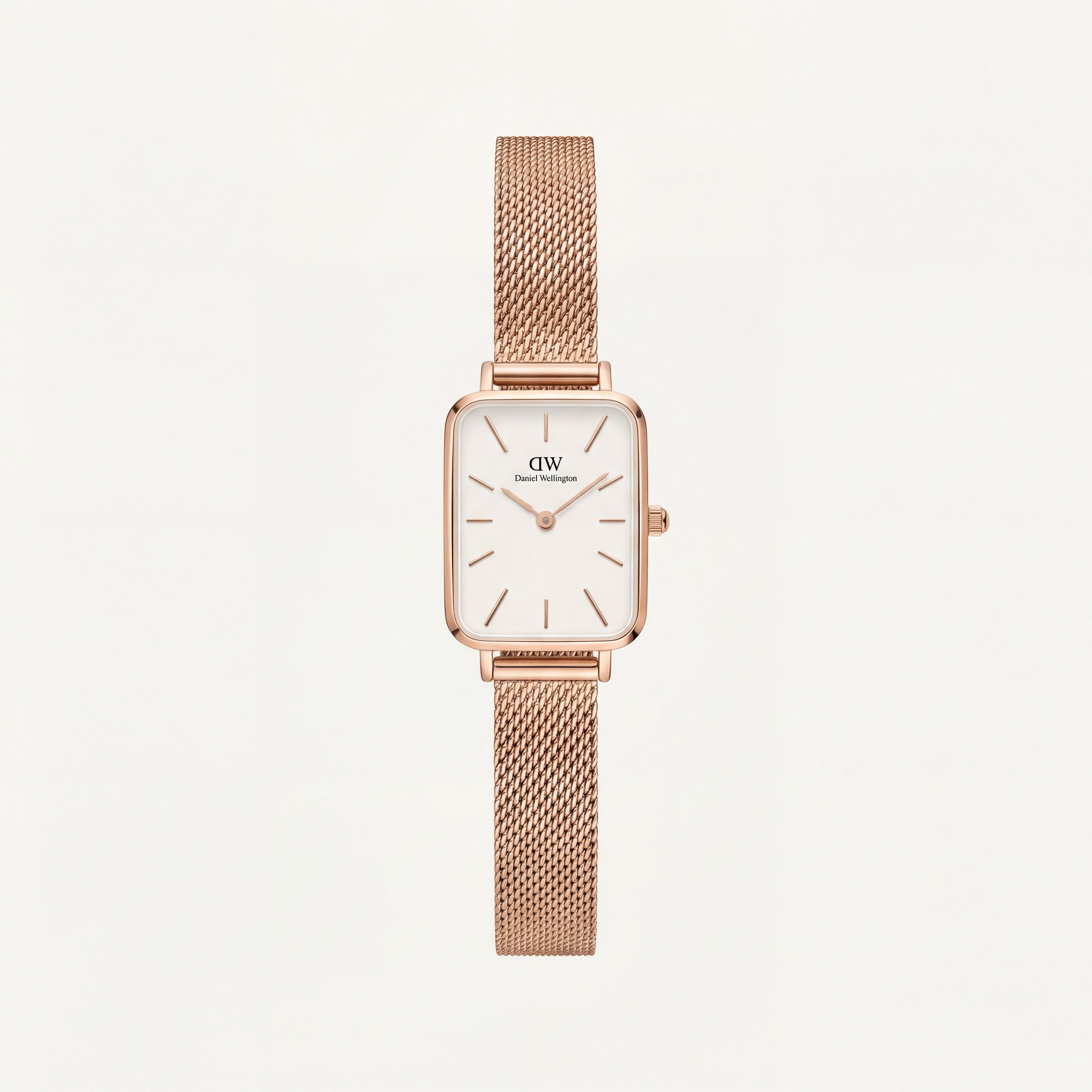Rose Gold Rectangular White Dial Mesh Strap Minimal Watch