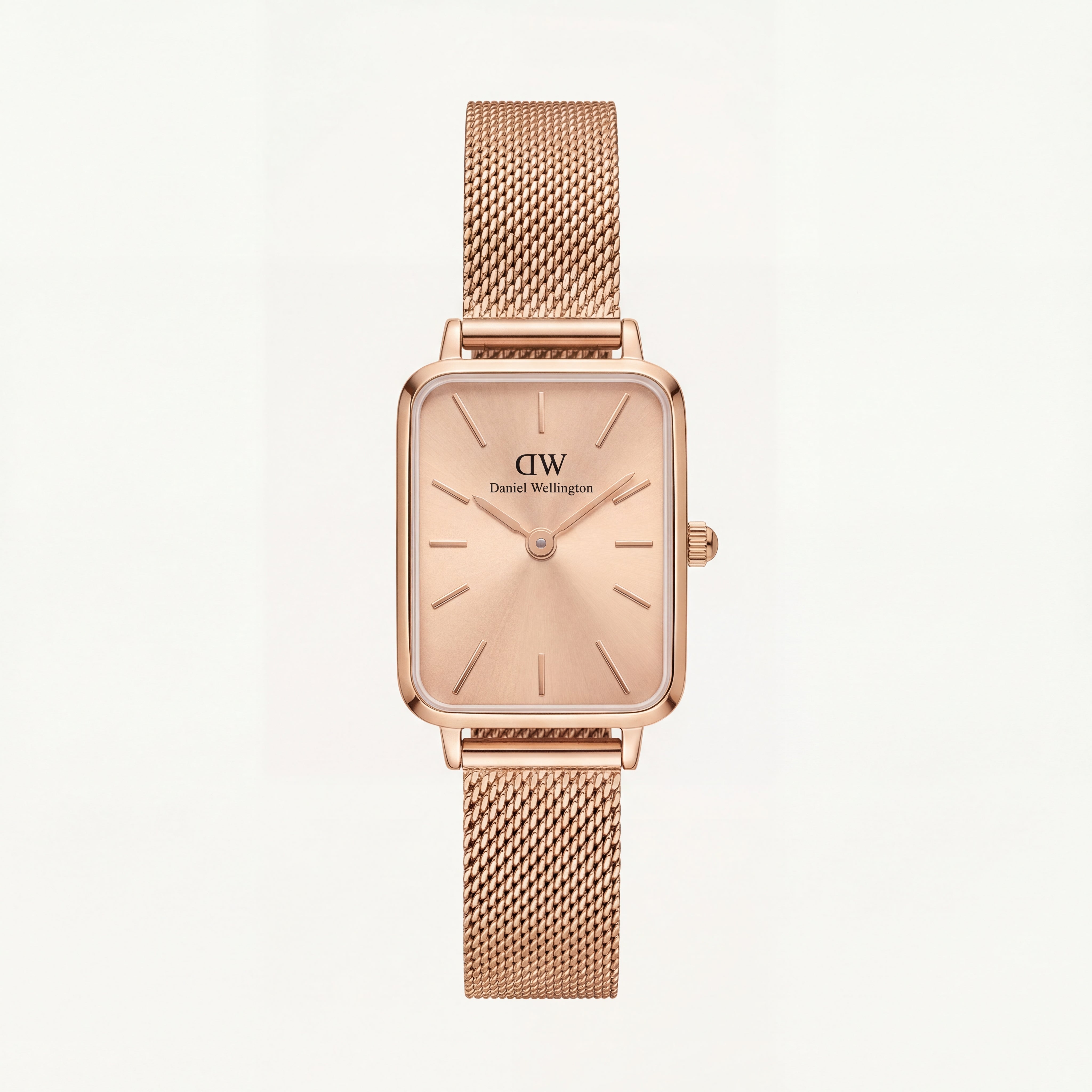 Rose Gold Rectangular Champagne Sunray Dial Mesh Strap Watch