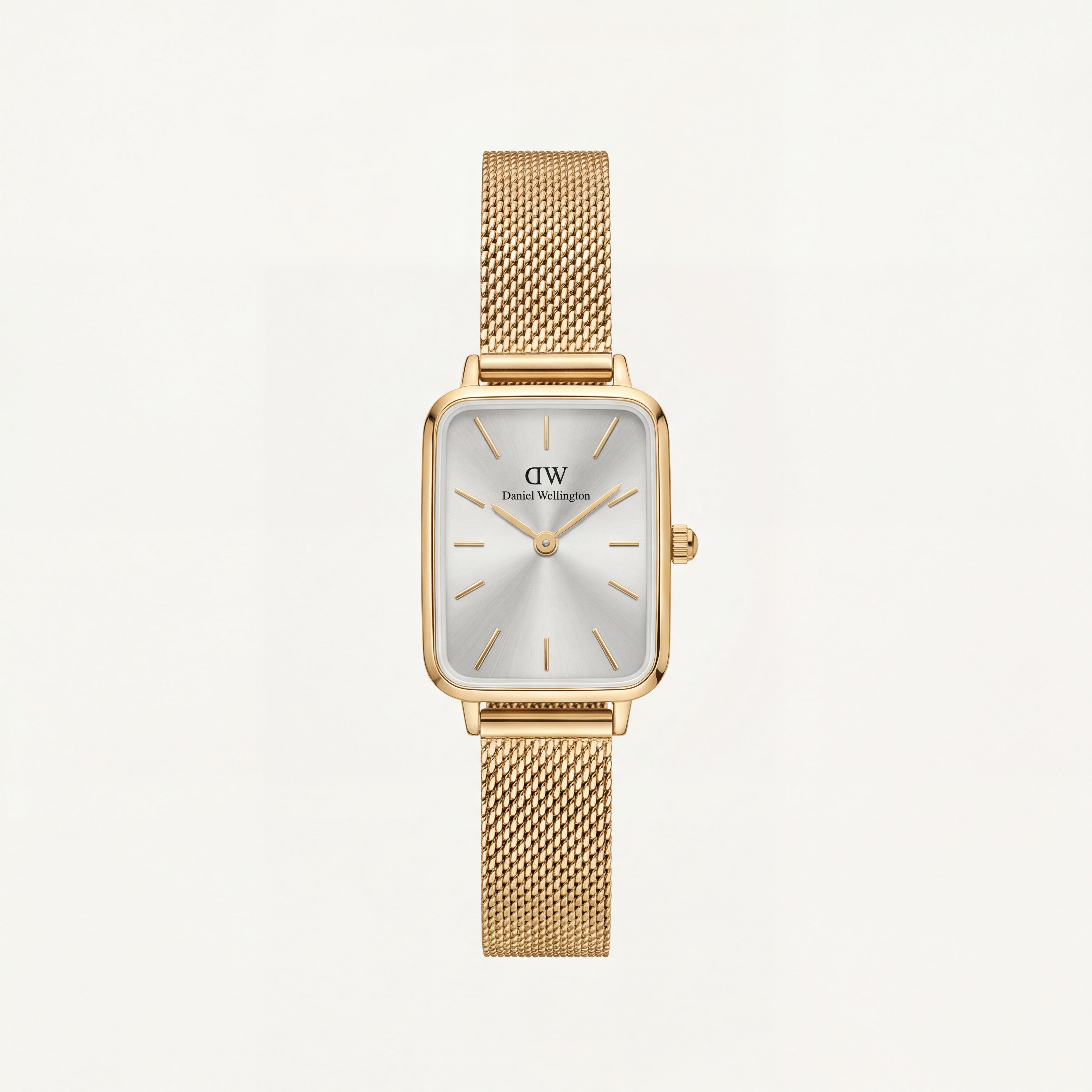Gold Rectangular Silver Sunray Dial Mesh Strap Watch