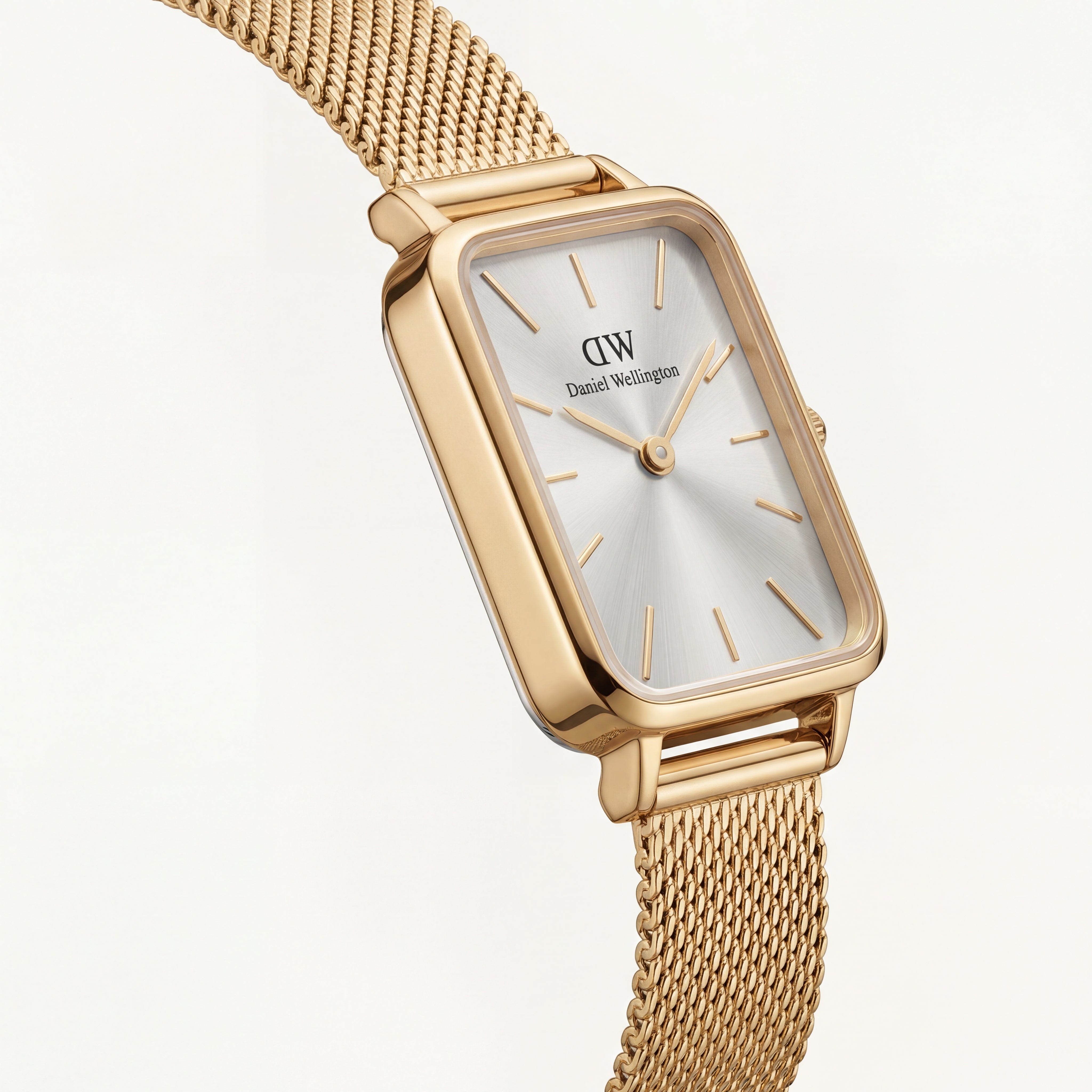 Gold Rectangular Silver Sunray Dial Mesh Strap Watch