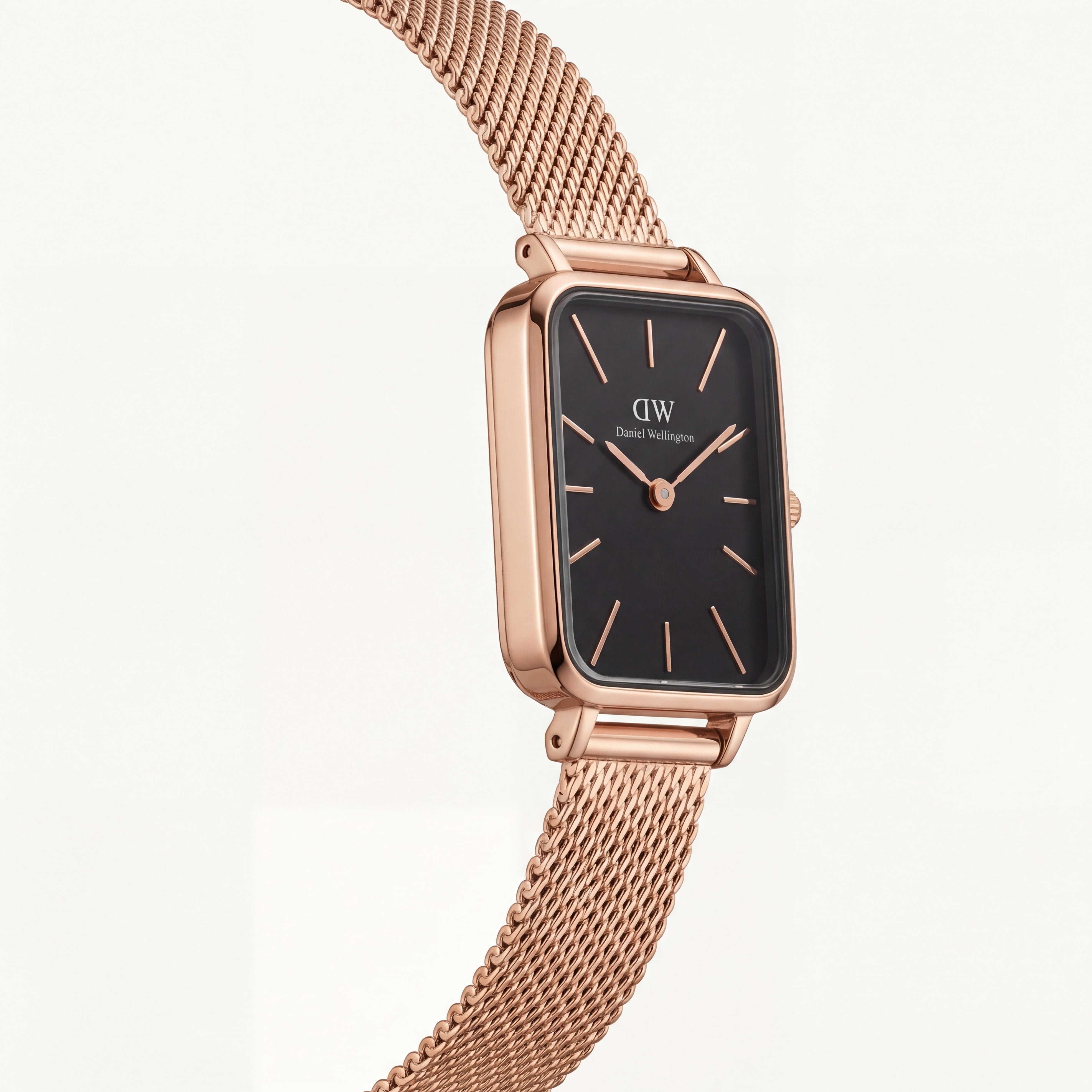 Rose Gold Rectangular Black Dial Mesh Strap Minimal Watch