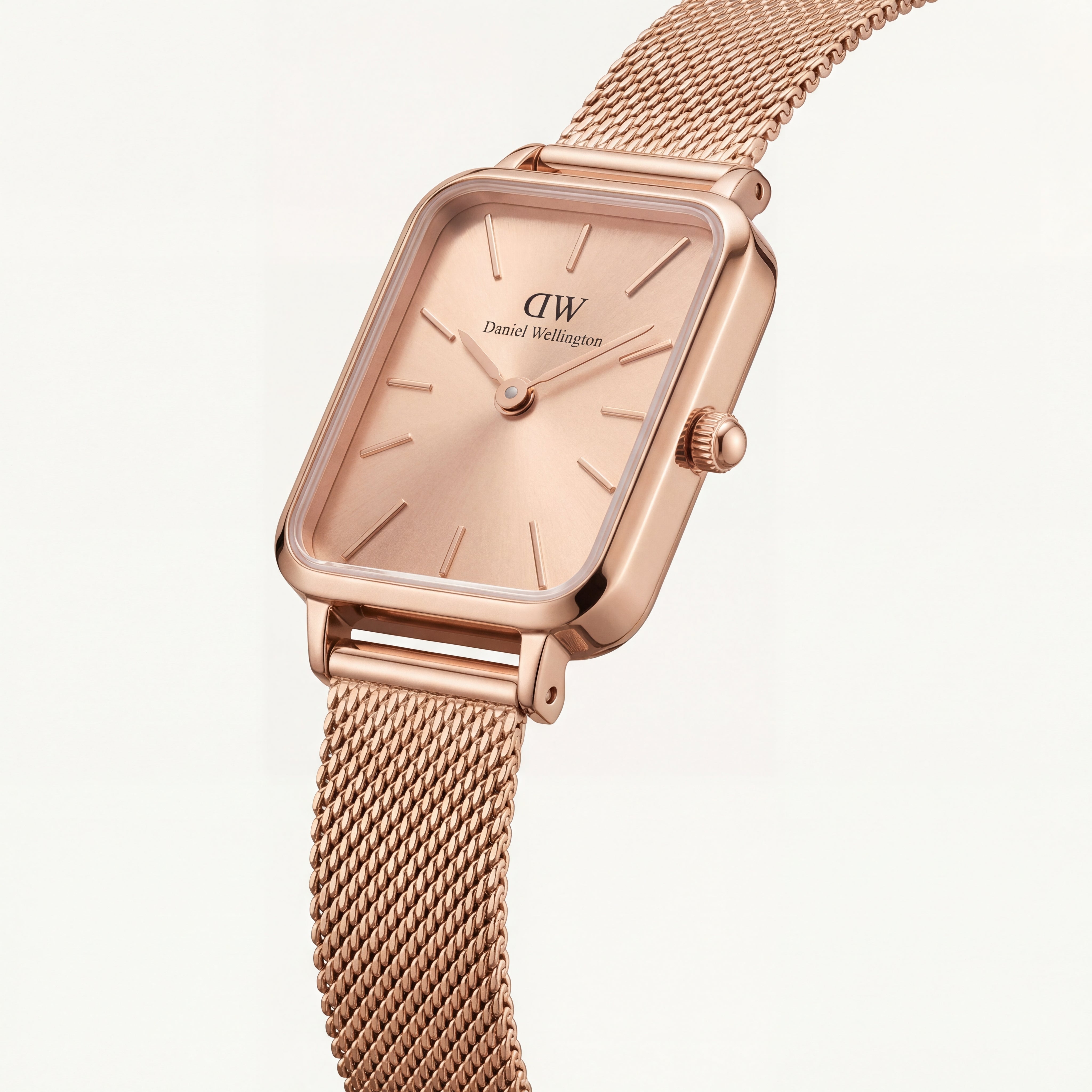 Rose Gold Rectangular Champagne Sunray Dial Mesh Strap Watch