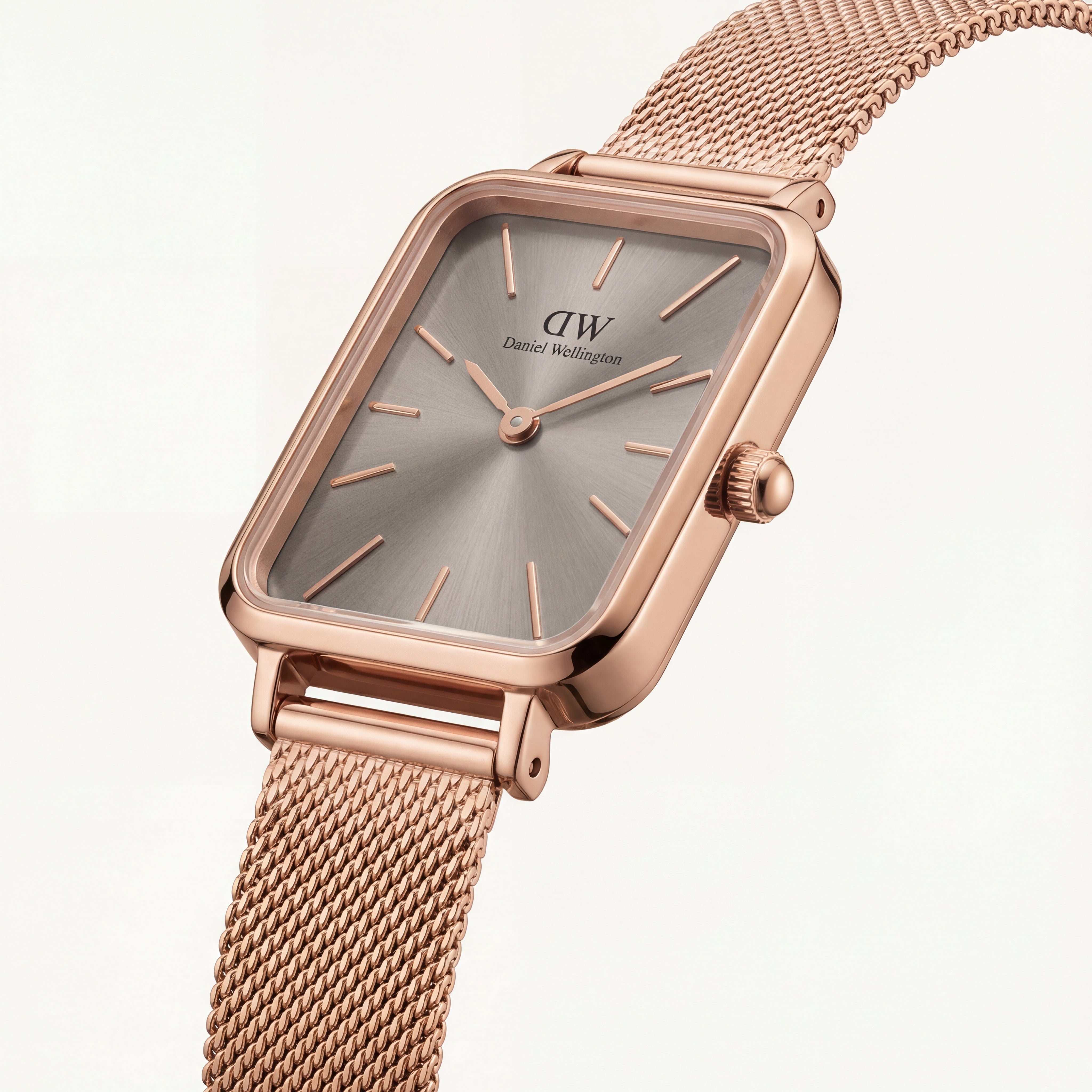 Rose Gold Rectangular Grey Sunray Dial Mesh Strap Watch