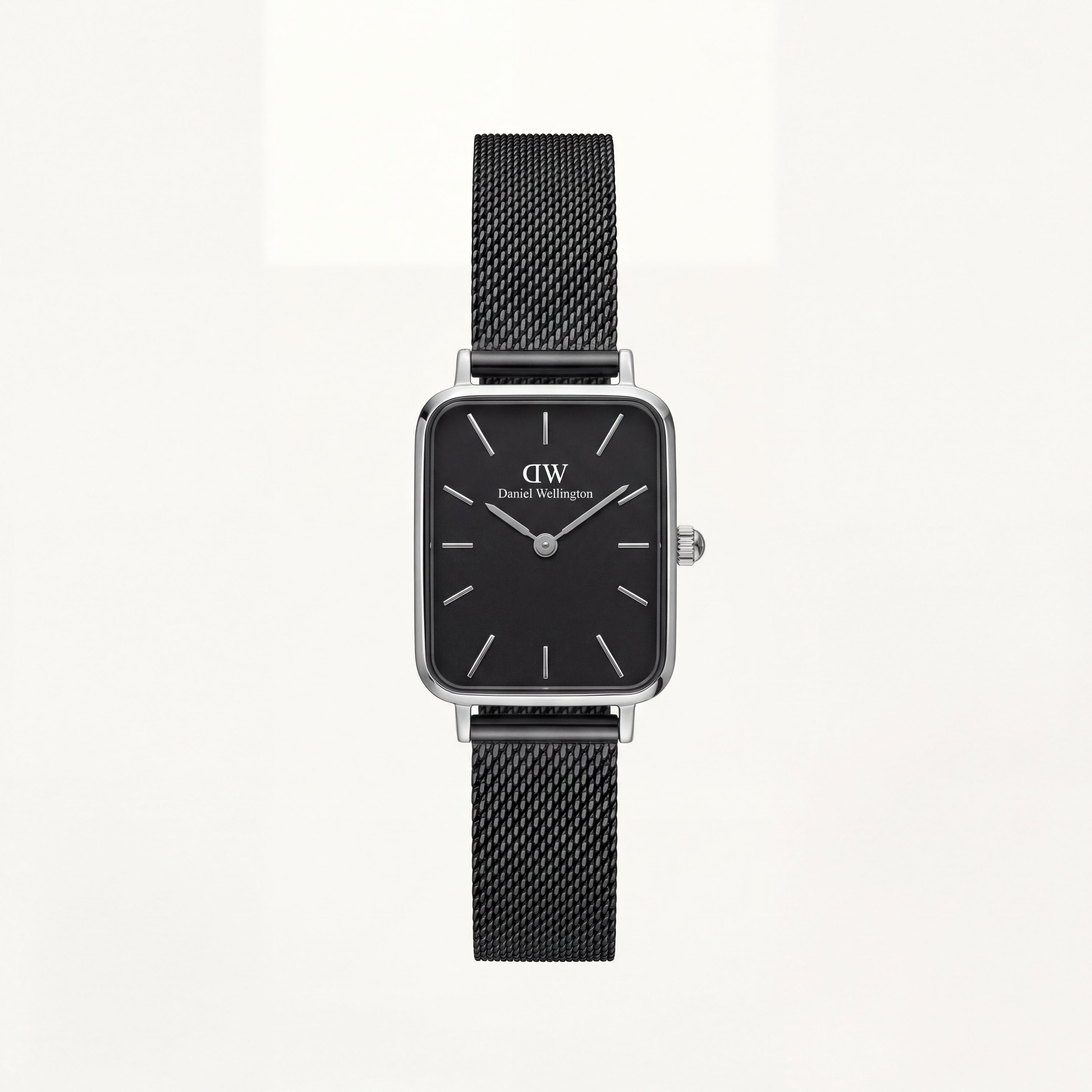 Silver Rectangular Black Dial Black Mesh Strap Watch