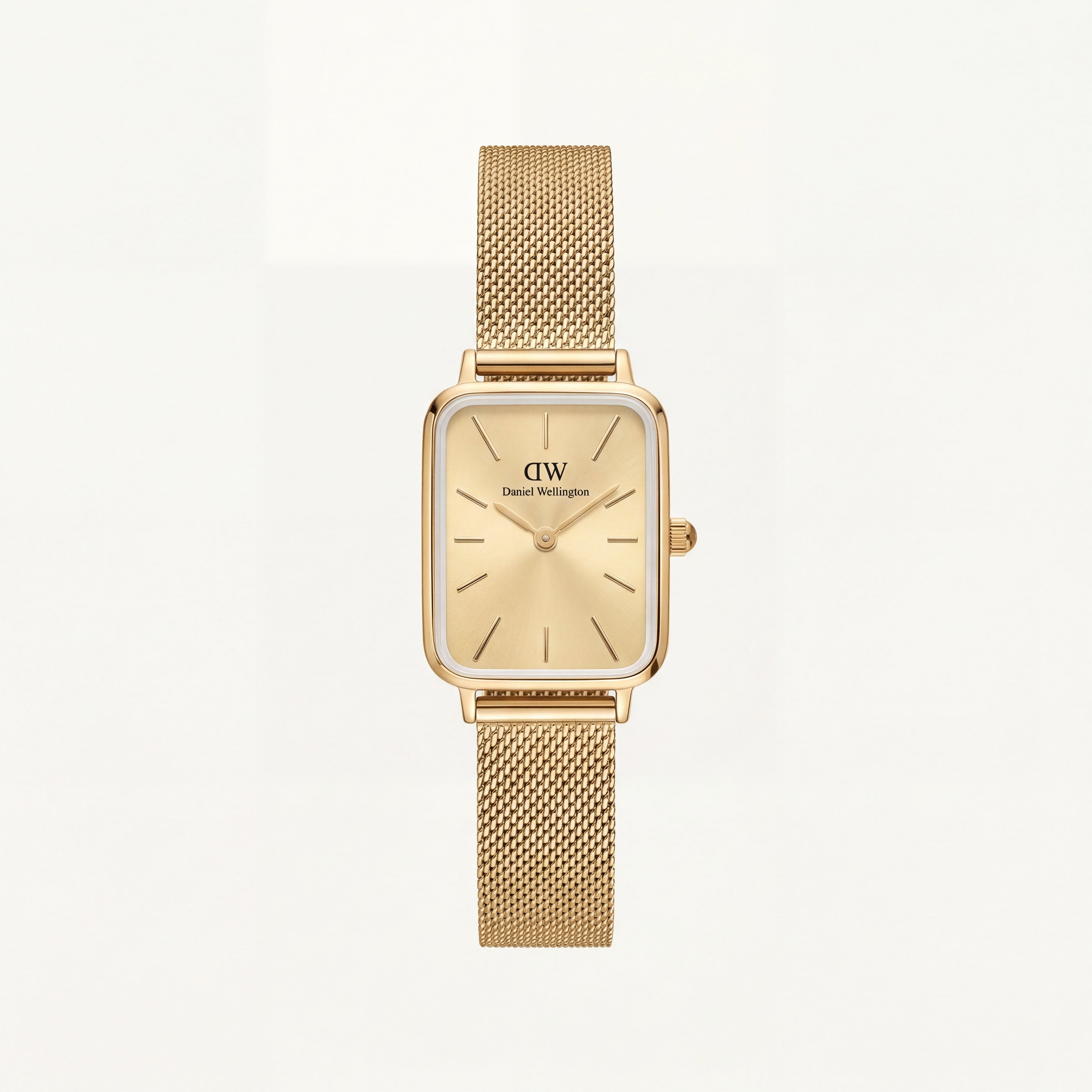 Gold Rectangular Champagne Sunray Dial Mesh Strap Watch