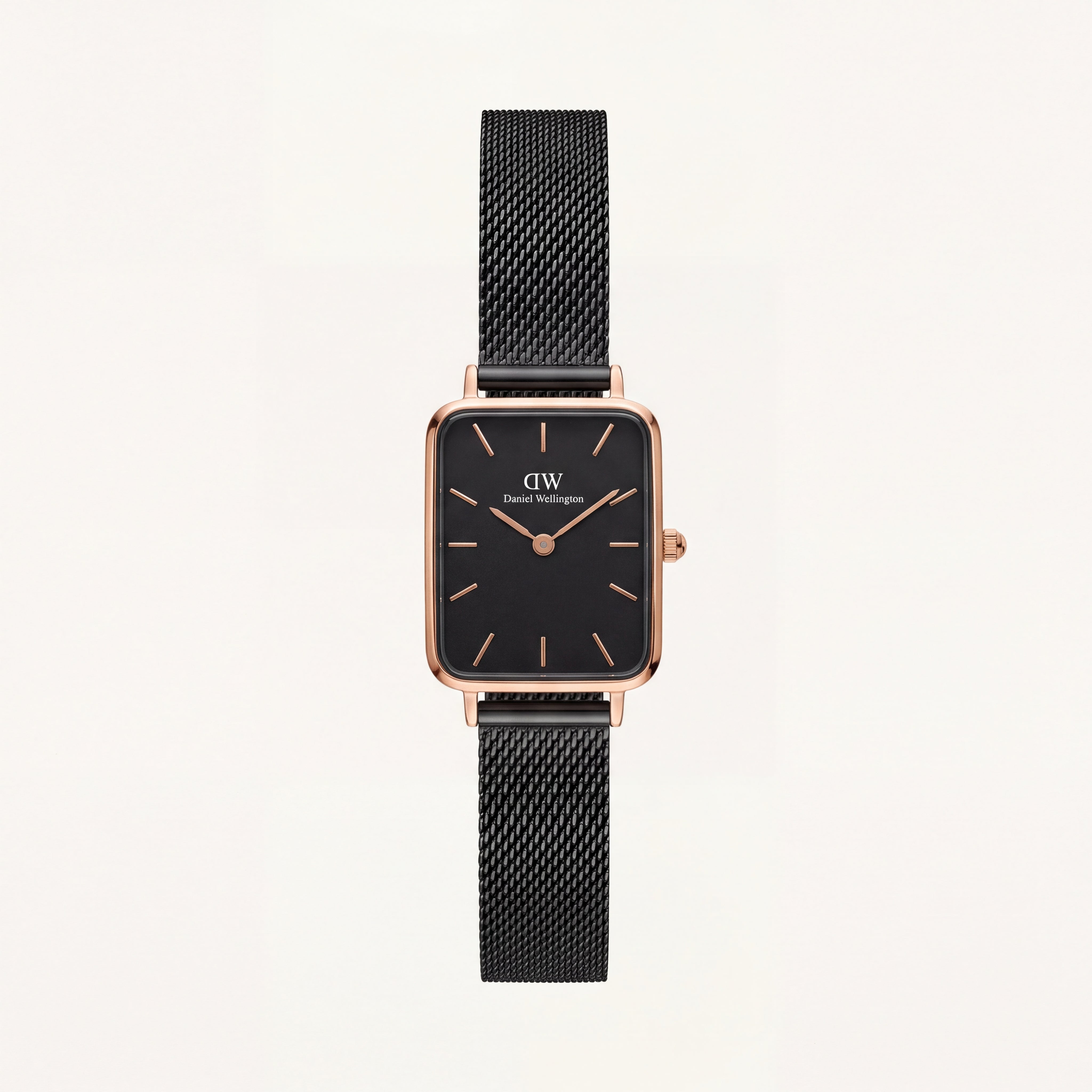Rose Gold Rectangular Black Dial Black Mesh Strap Watch