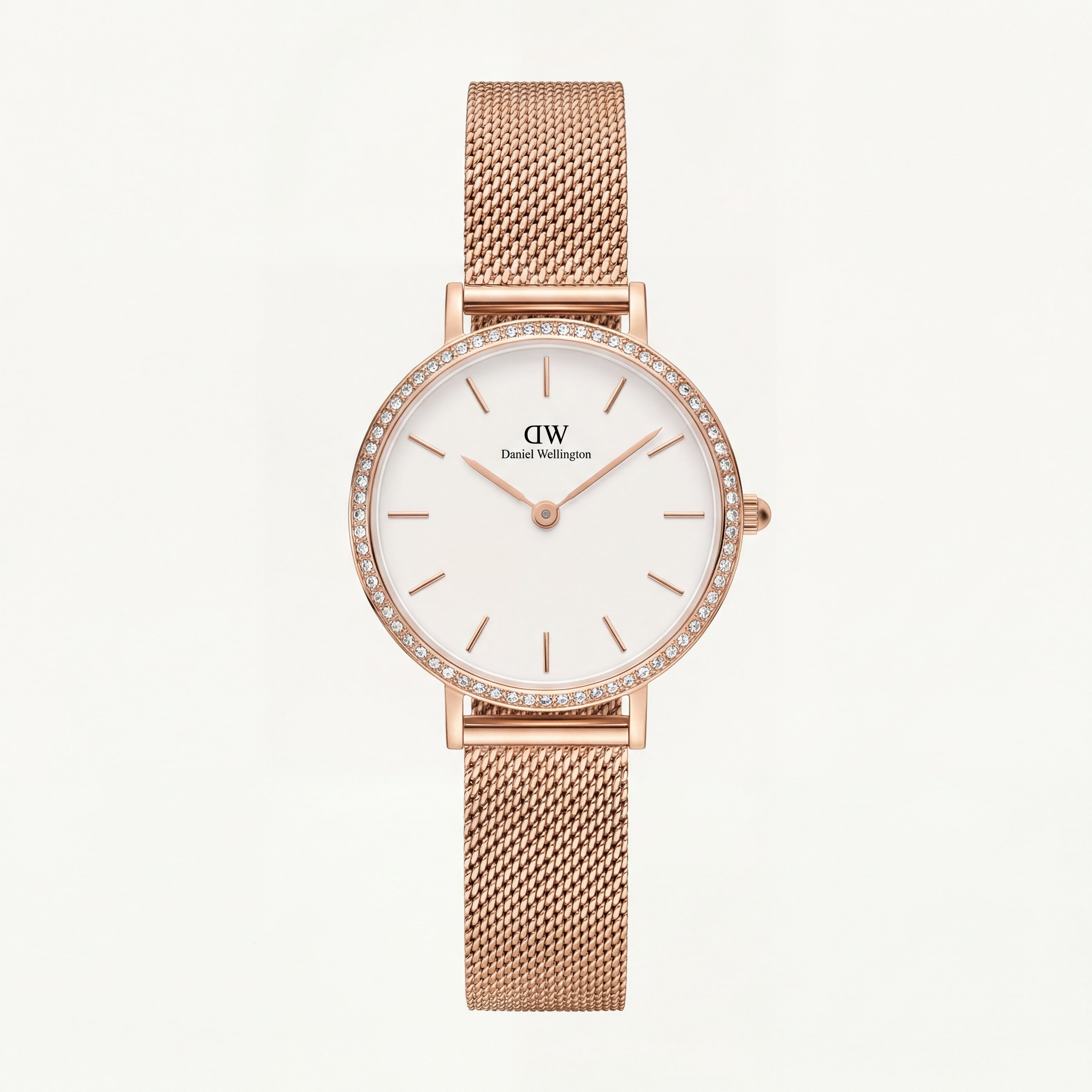 Rose Gold Crystal Bezel White Dial Mesh Strap Watch