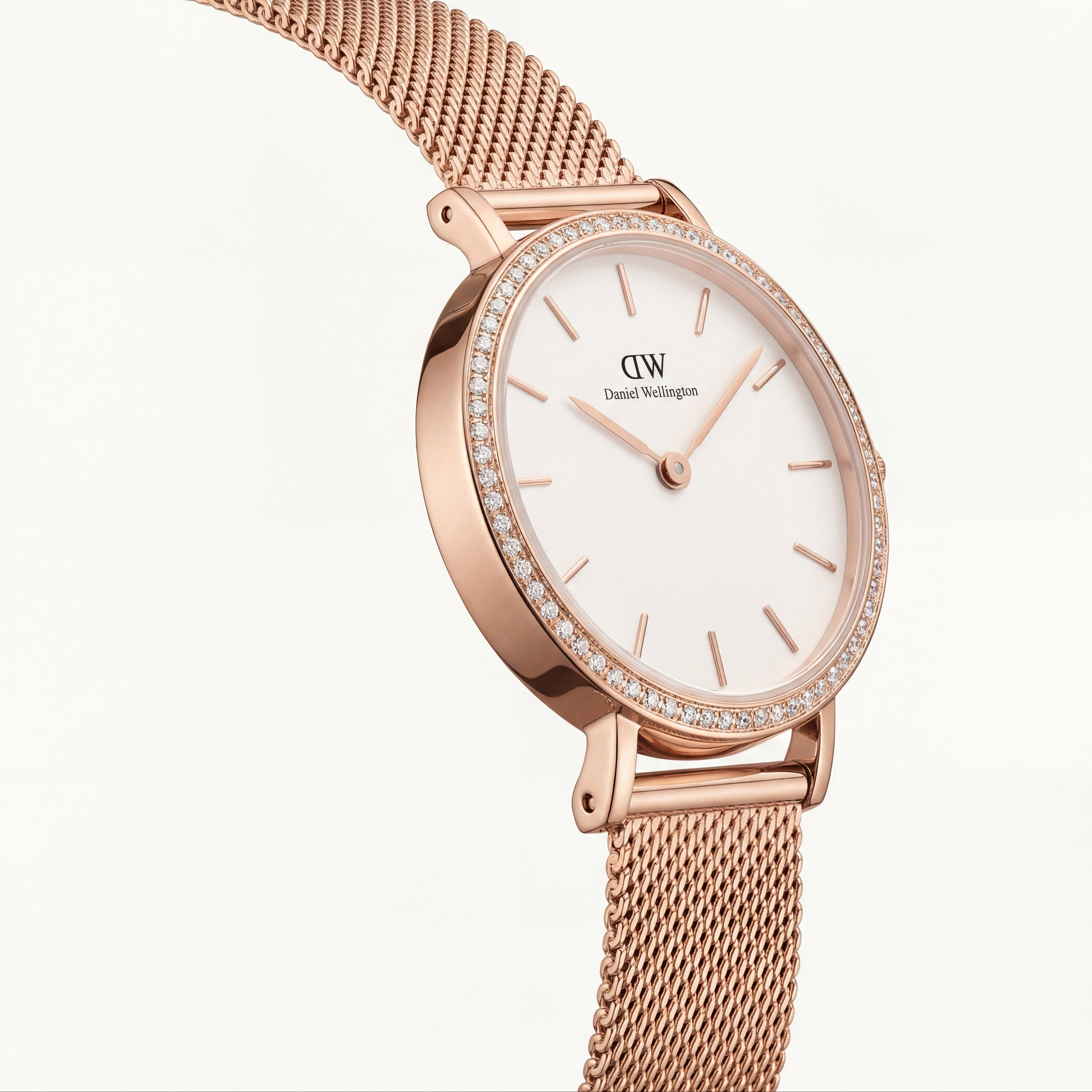 Rose Gold Crystal Bezel White Dial Mesh Strap Watch