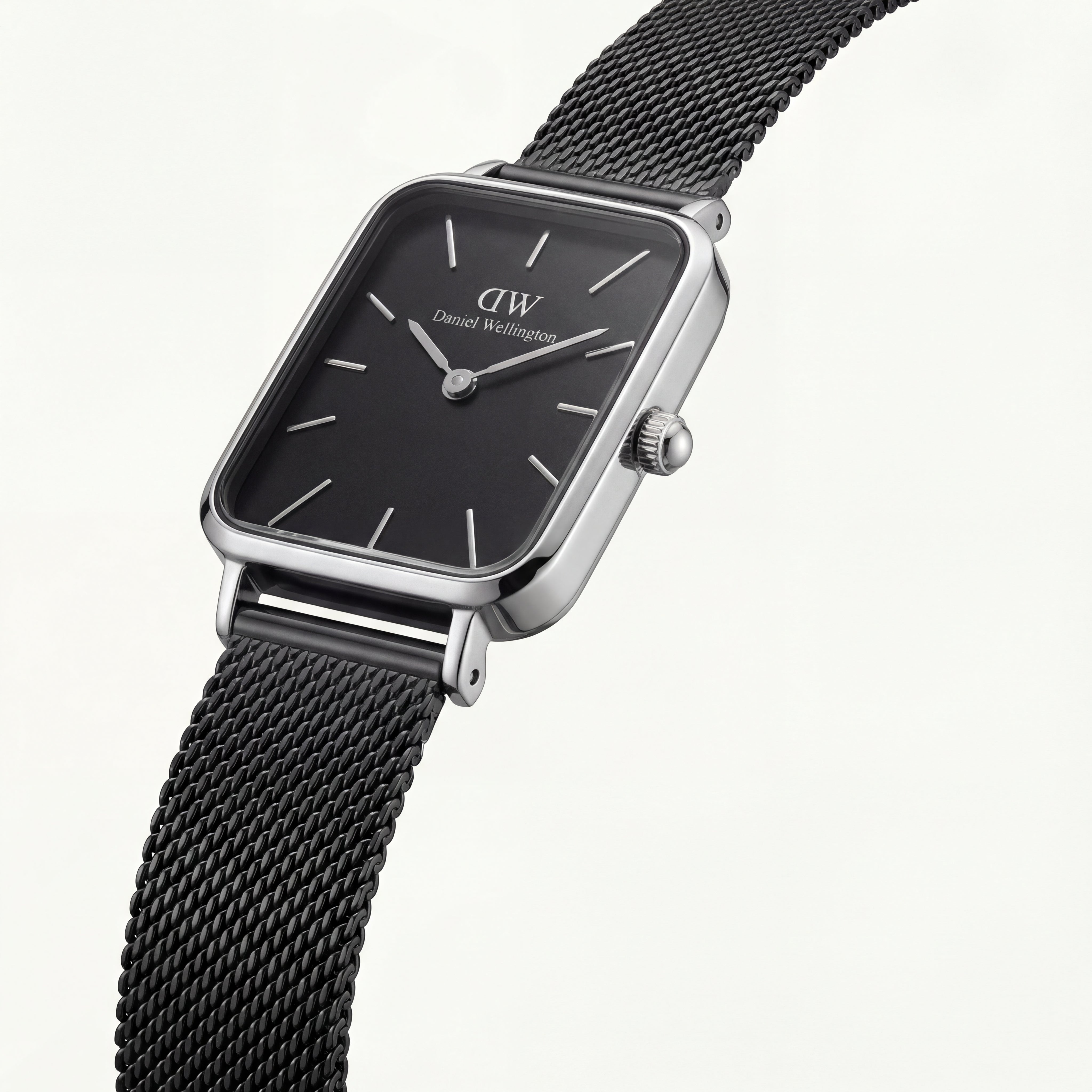 Silver Rectangular Black Dial Black Mesh Strap Watch