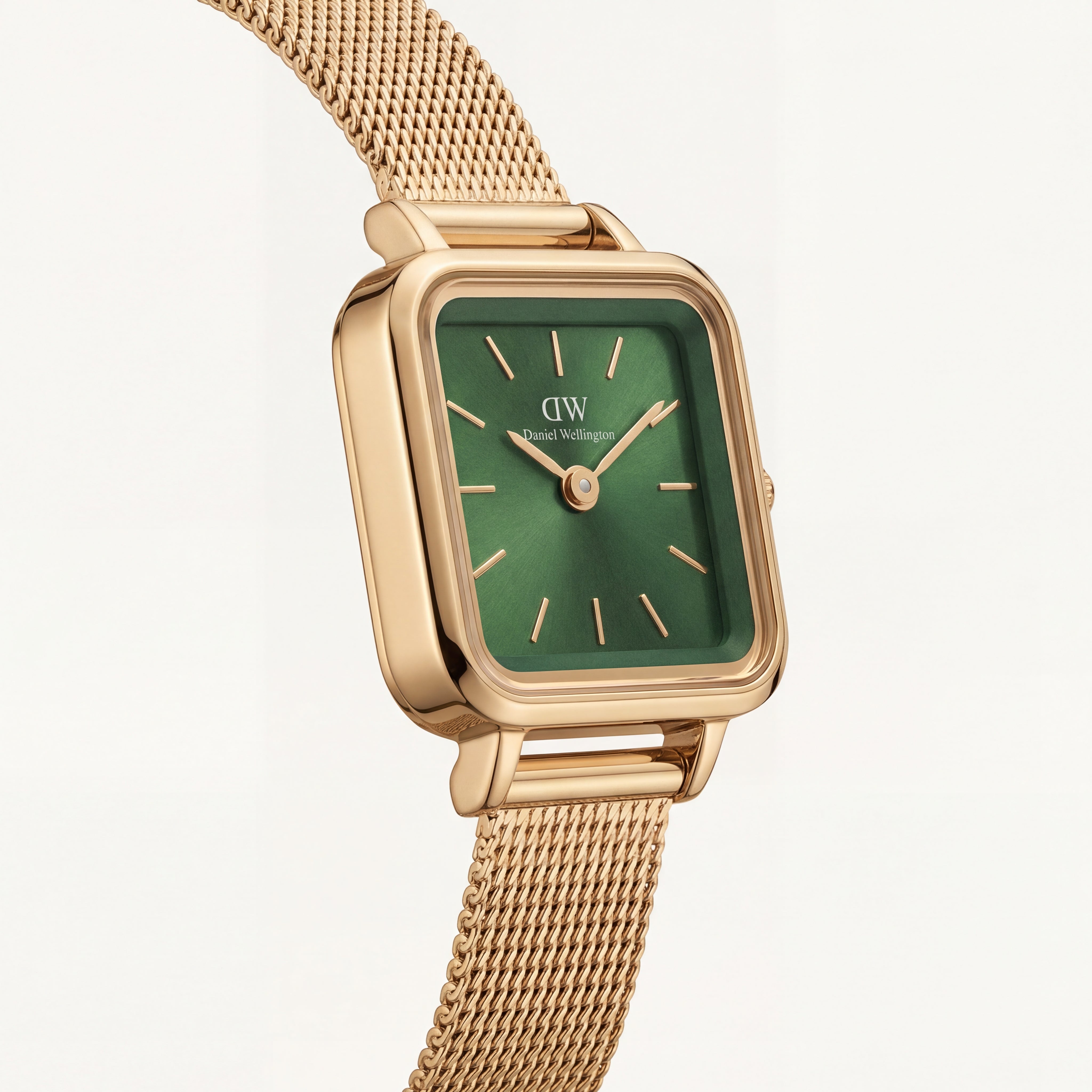 Gold Square Case Emerald Green Dial Mesh Strap Watch