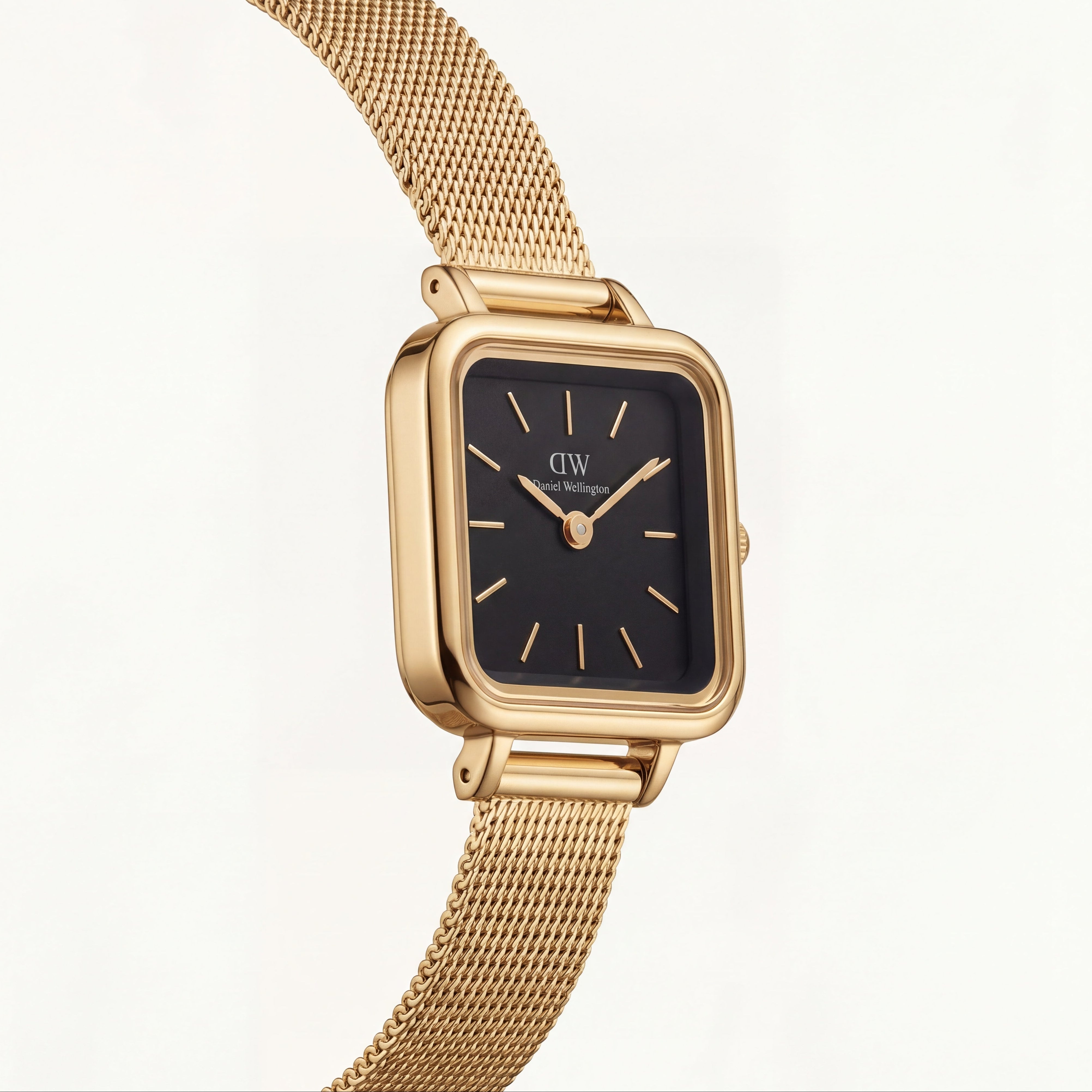 Gold Square Case Black Dial Mesh Strap Watch