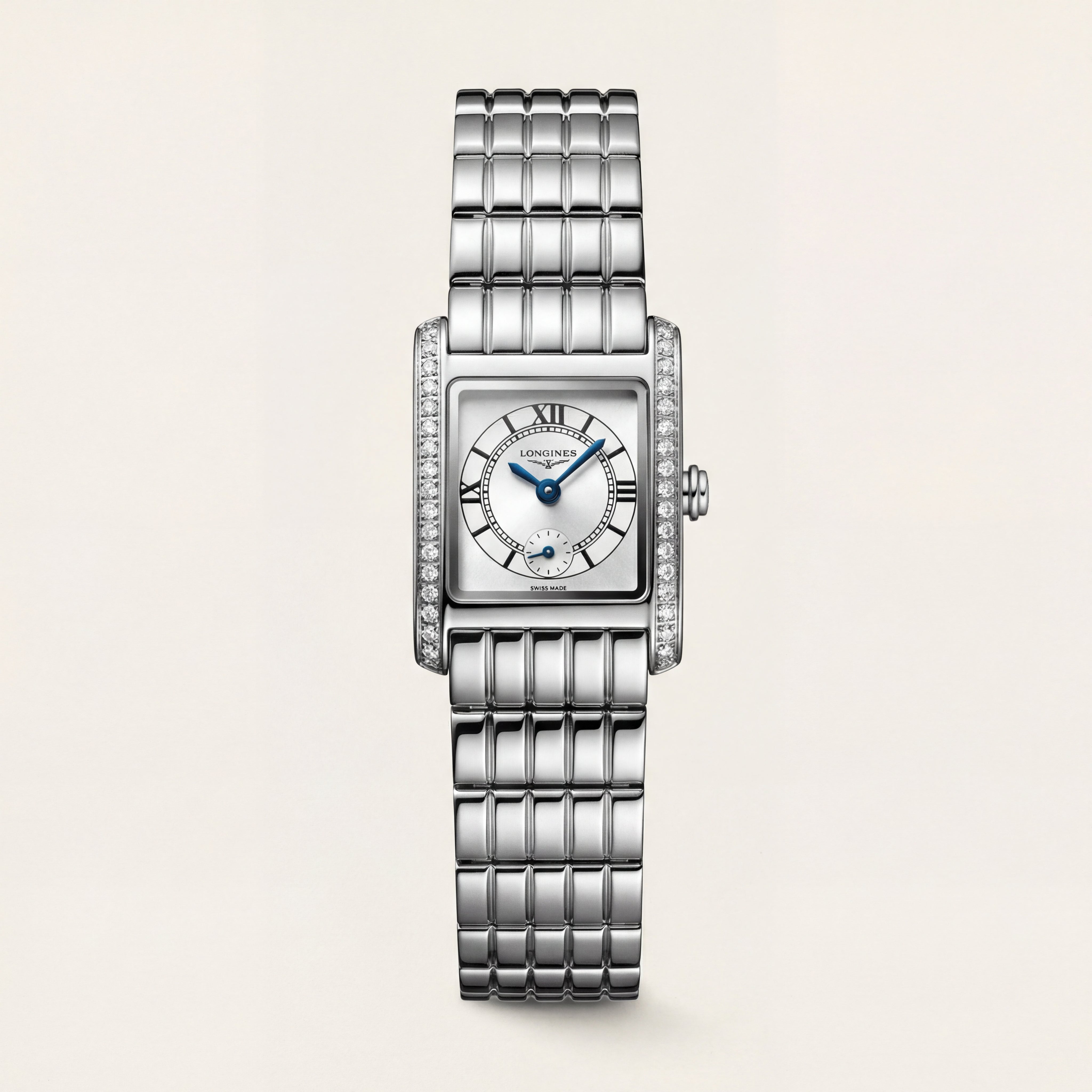 Diamond-Set Rectangular Silver Dial Roman Numeral Steel Bracelet Watch – Women