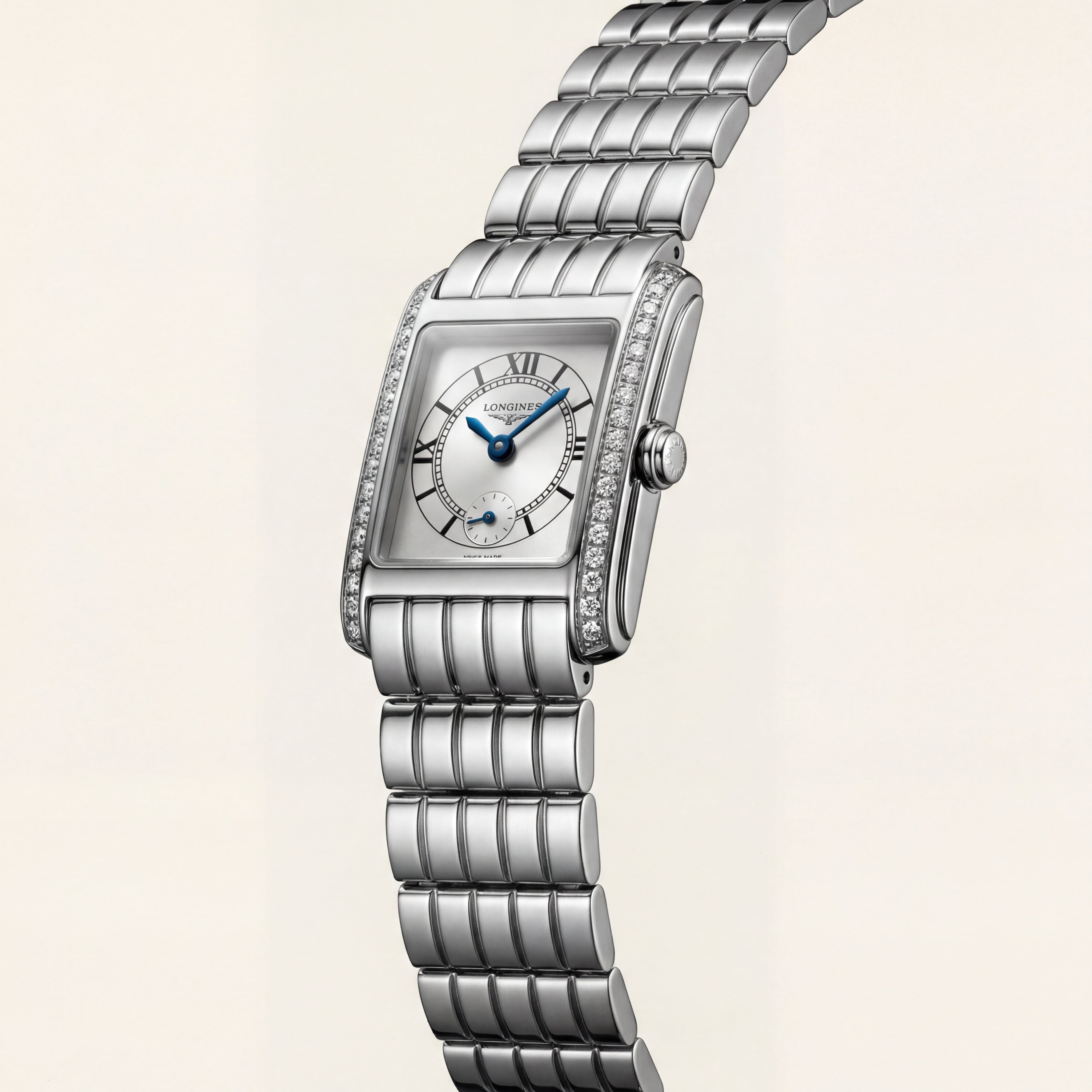 Diamond-Set Rectangular Silver Dial Roman Numeral Steel Bracelet Watch – Women