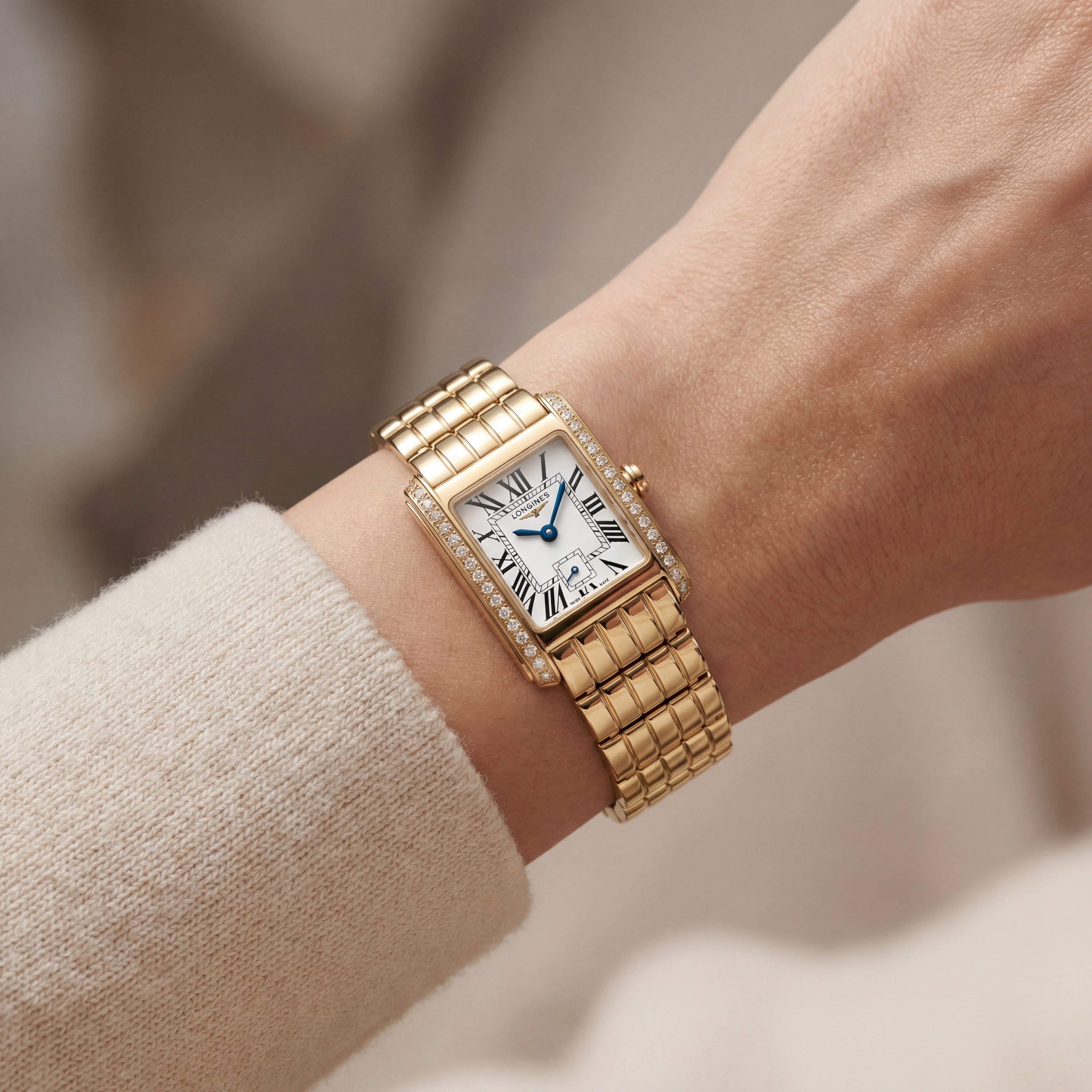 Full Gold Diamond-Set Rectangular Roman Dial Bracelet Watch – Women