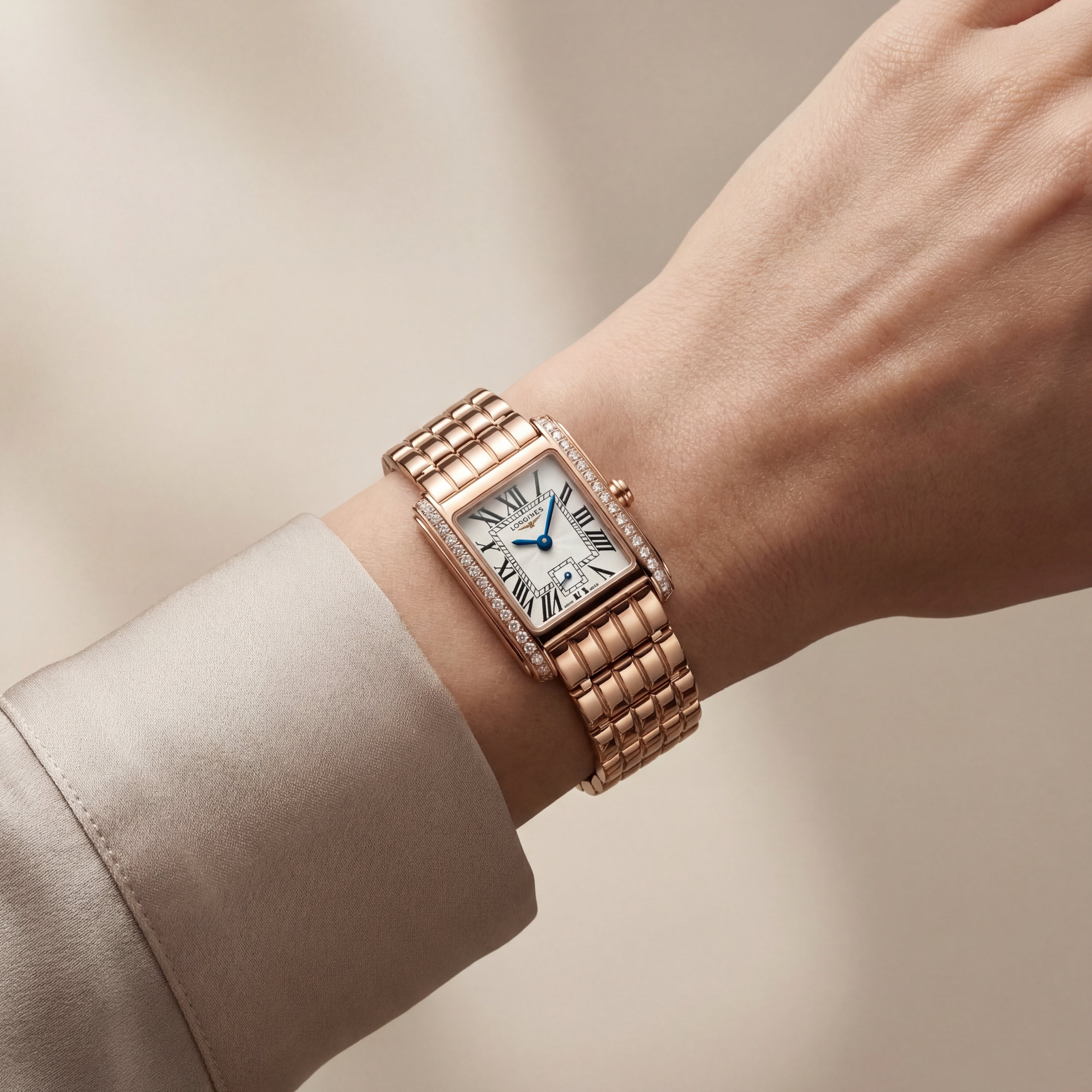Rose Gold Diamond-Set Rectangular Roman Dial Luxury Bracelet Watch – Women