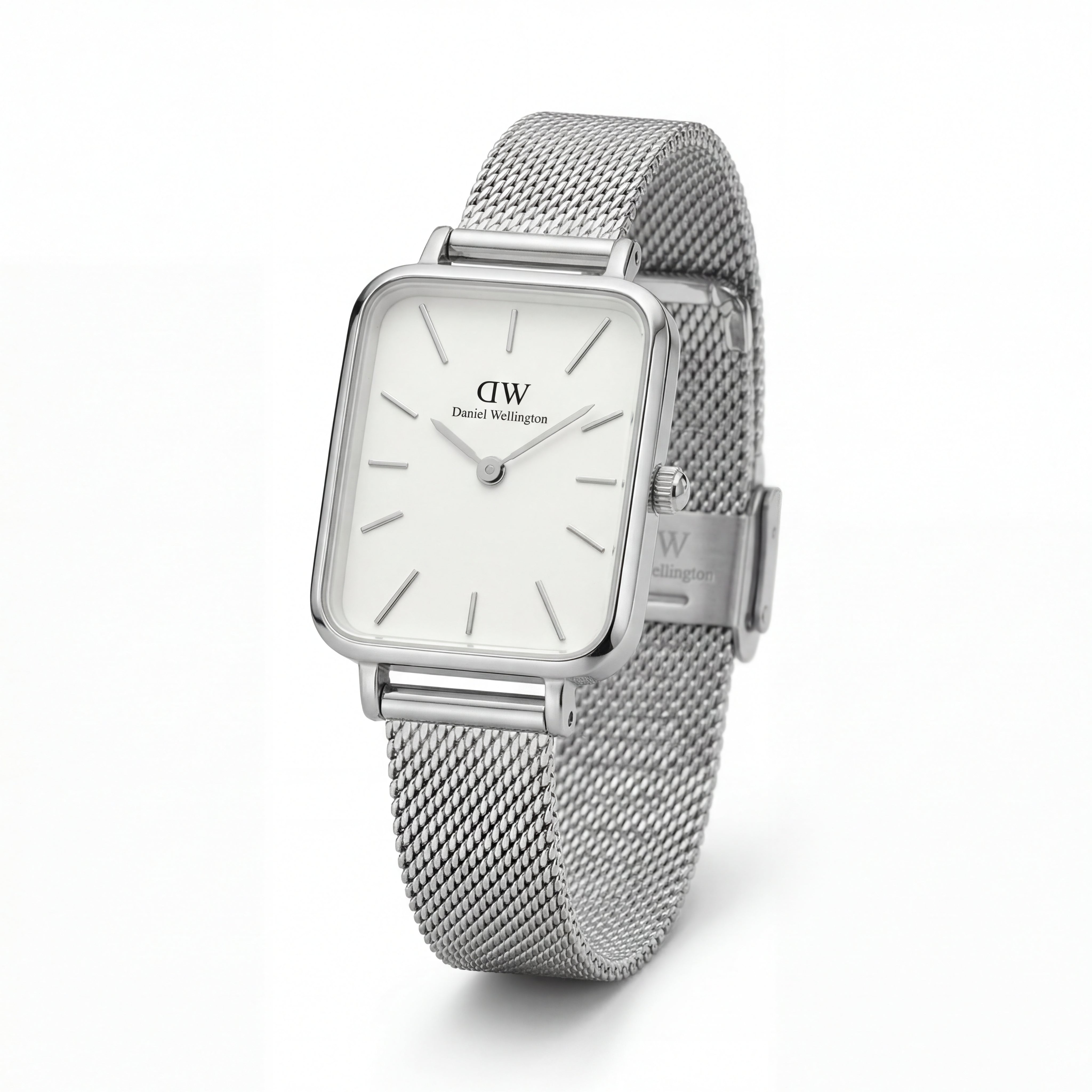 Classic White Rectangular Dial Silver Mesh Minimal Watch