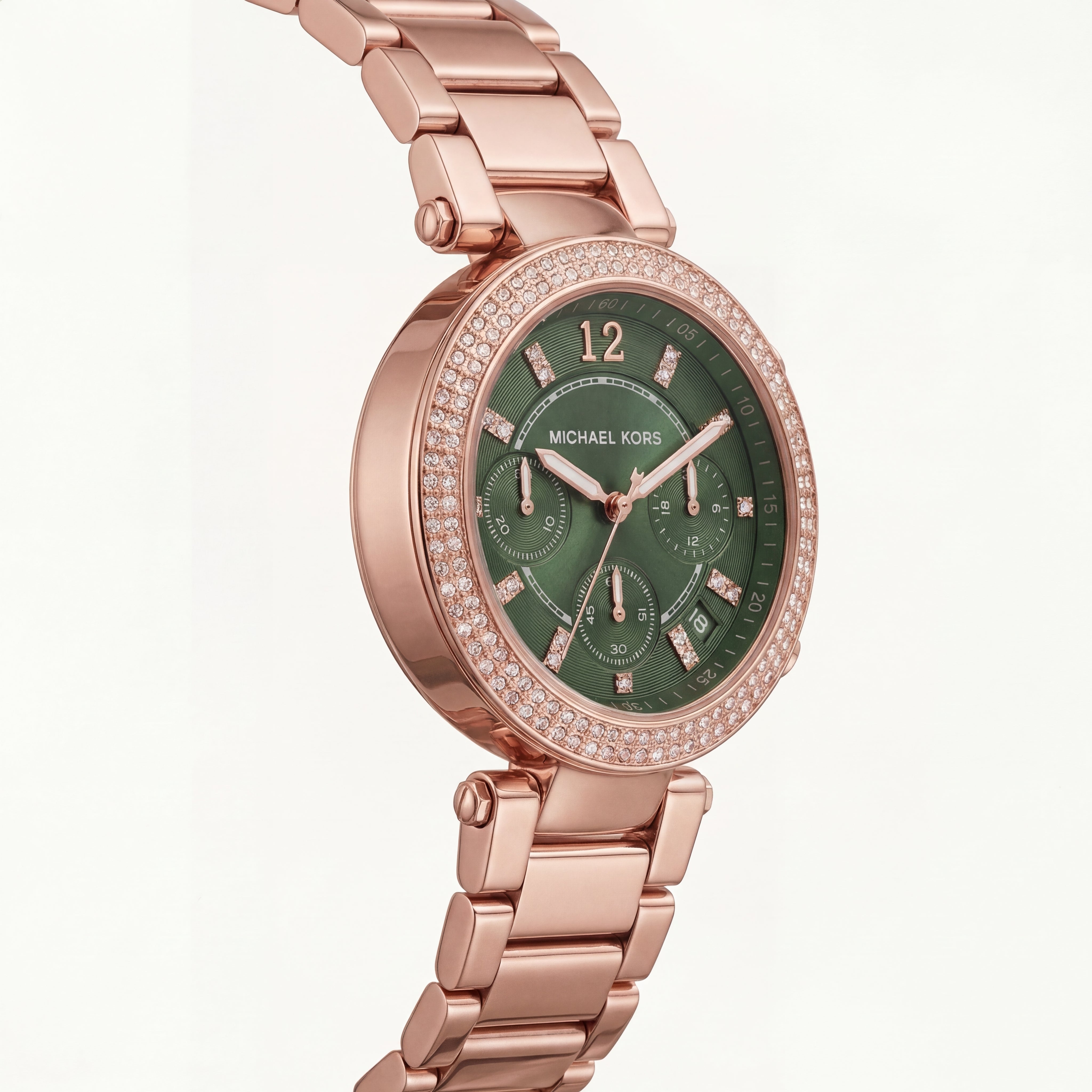 Rose Gold Crystal Bezel Green Chronograph Luxury Bracelet Watch – Women