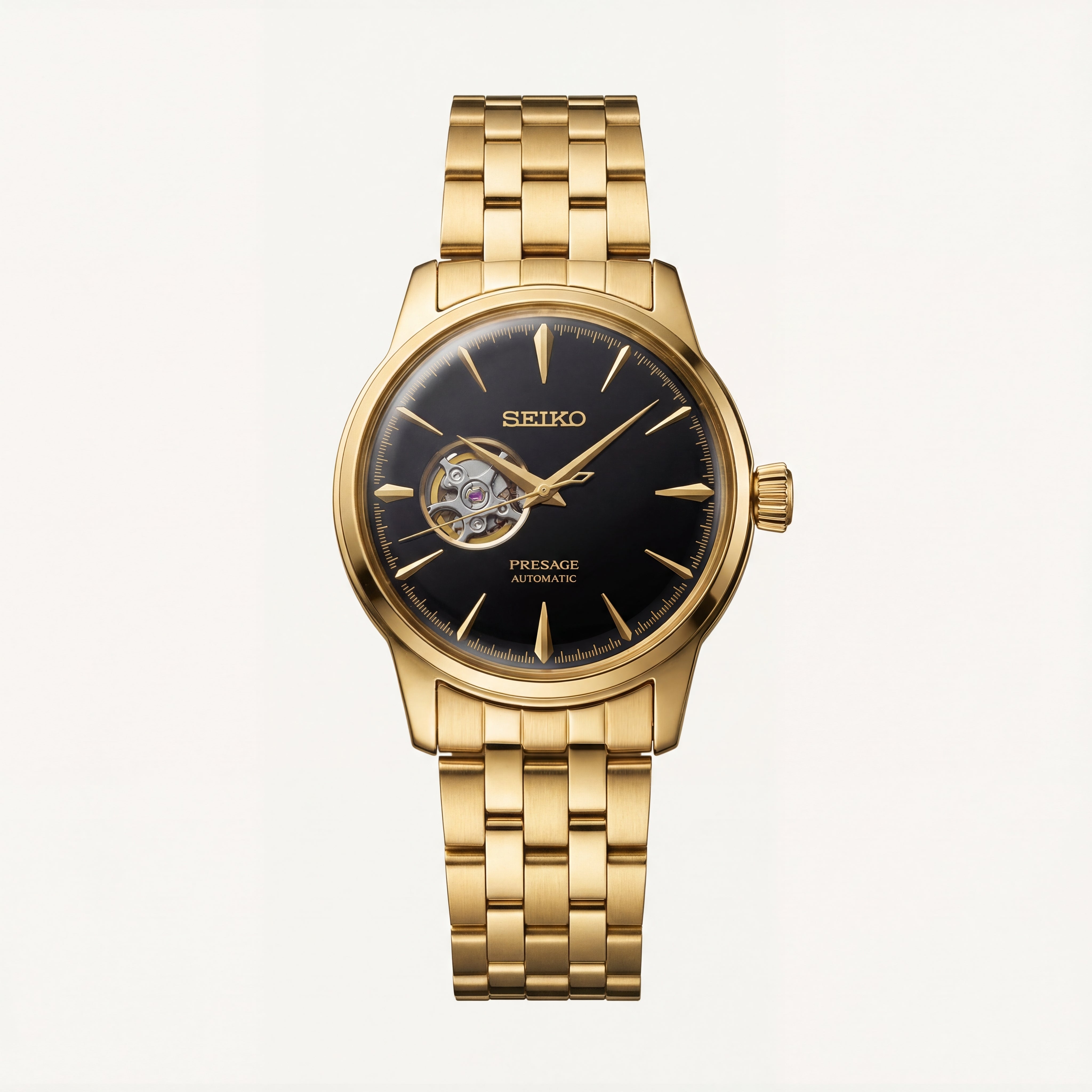 Gold Stainless Steel Automatic Open-Heart Dial Luxury Mechanical Bracelet Watch – Men
