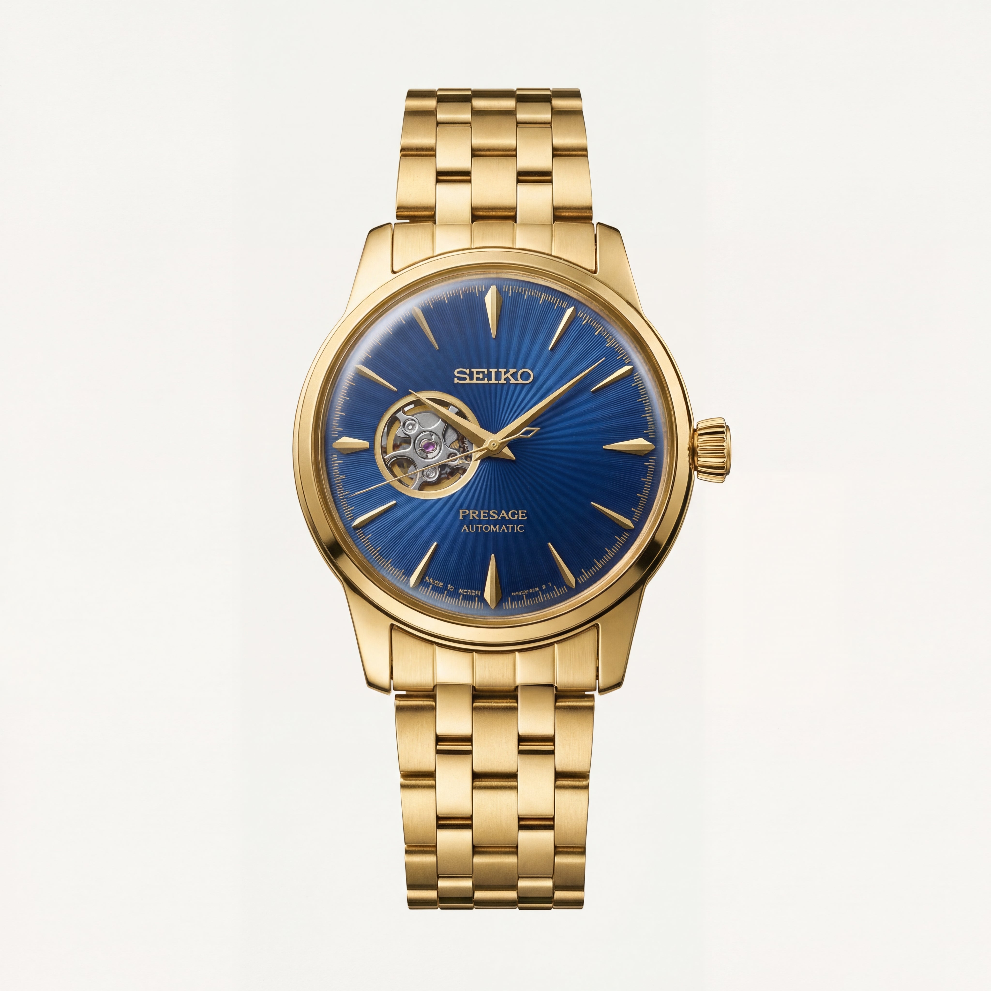 Gold Stainless Steel Case Royal Blue Sunburst Dial Open-Heart Automatic Luxury Bracelet Watch – Men