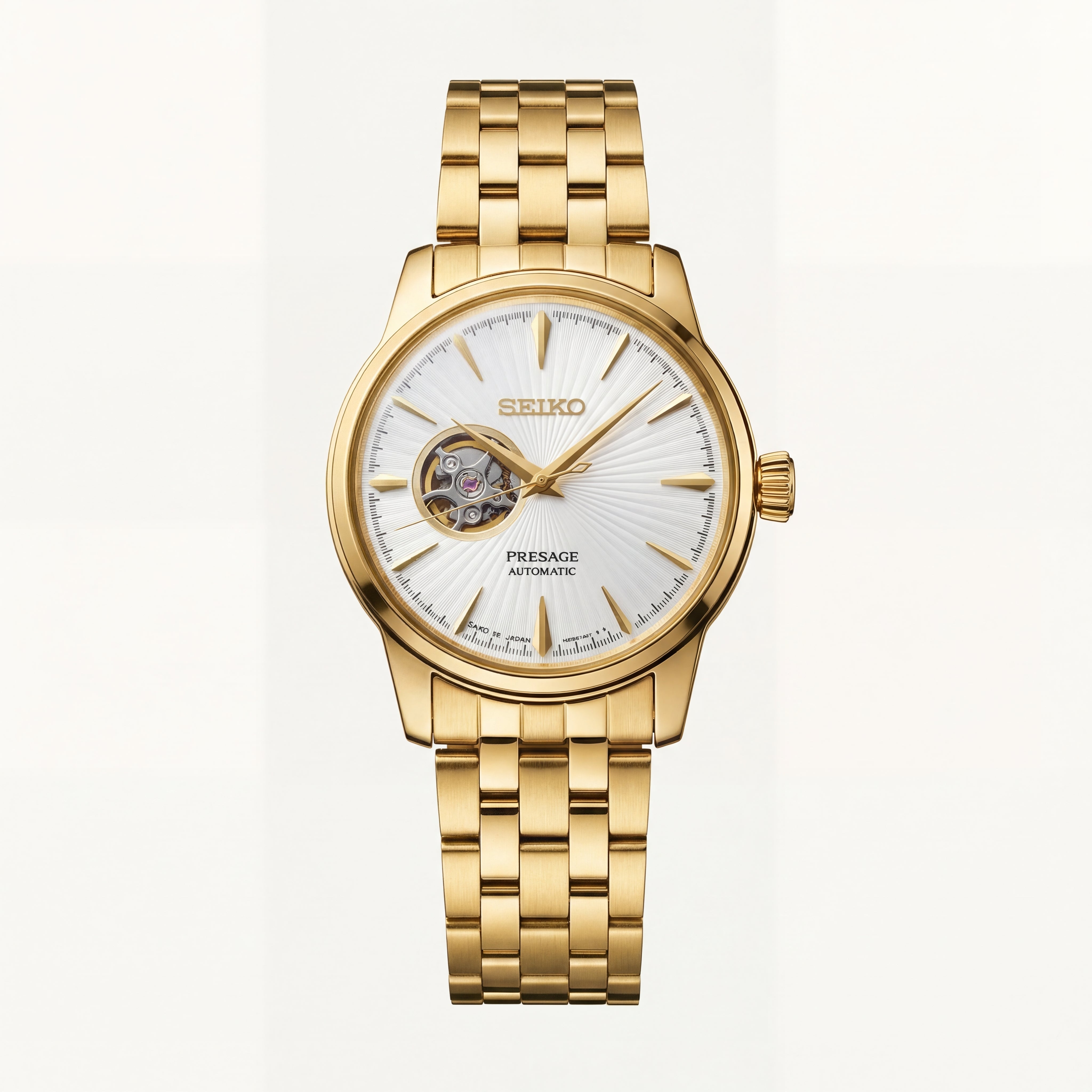 Gold Stainless Steel Case White Sunburst Dial Open-Heart Automatic Luxury Bracelet Watch – Men