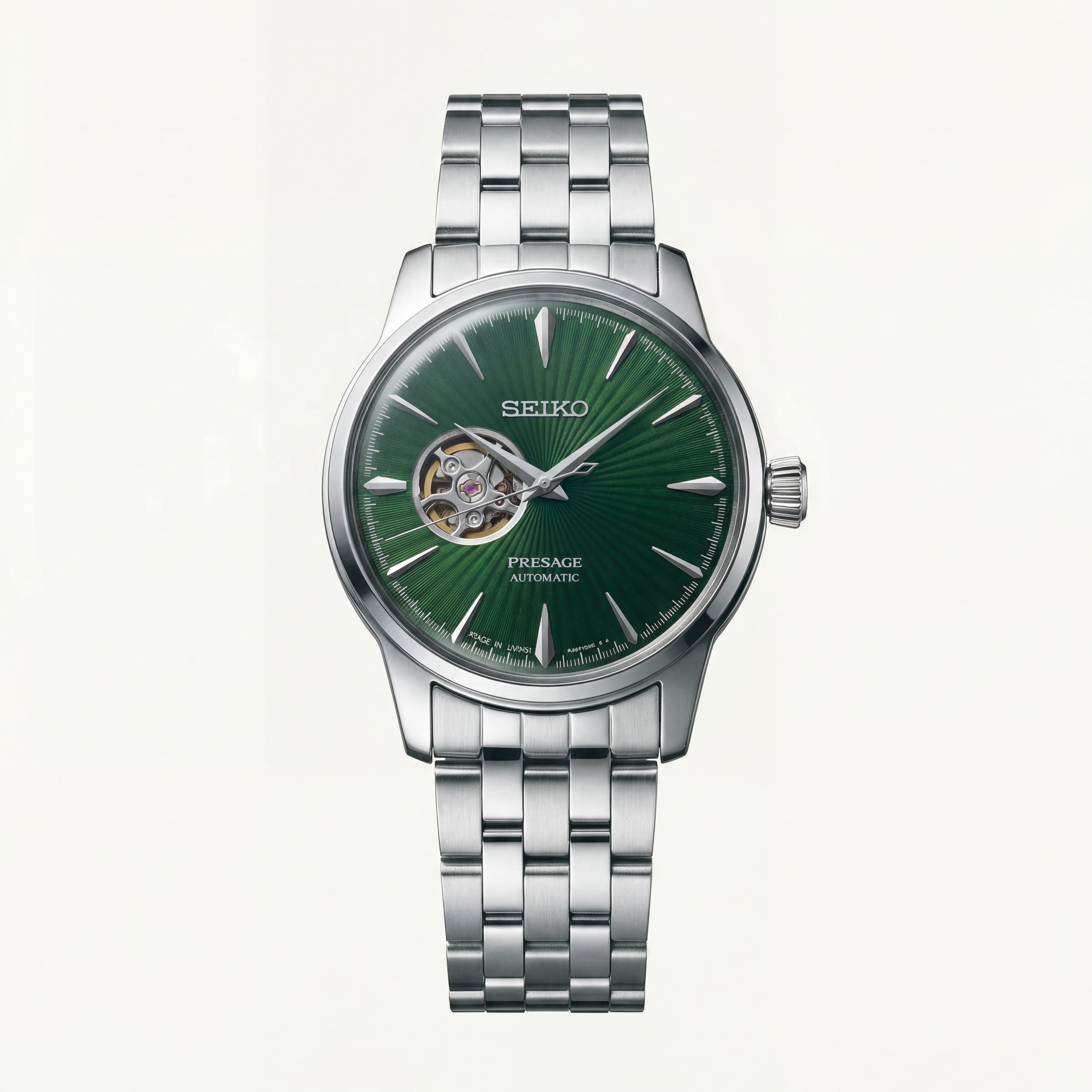 Silver Stainless Steel Case Emerald Green Sunburst Dial Open-Heart Automatic Luxury Bracelet Watch – Men