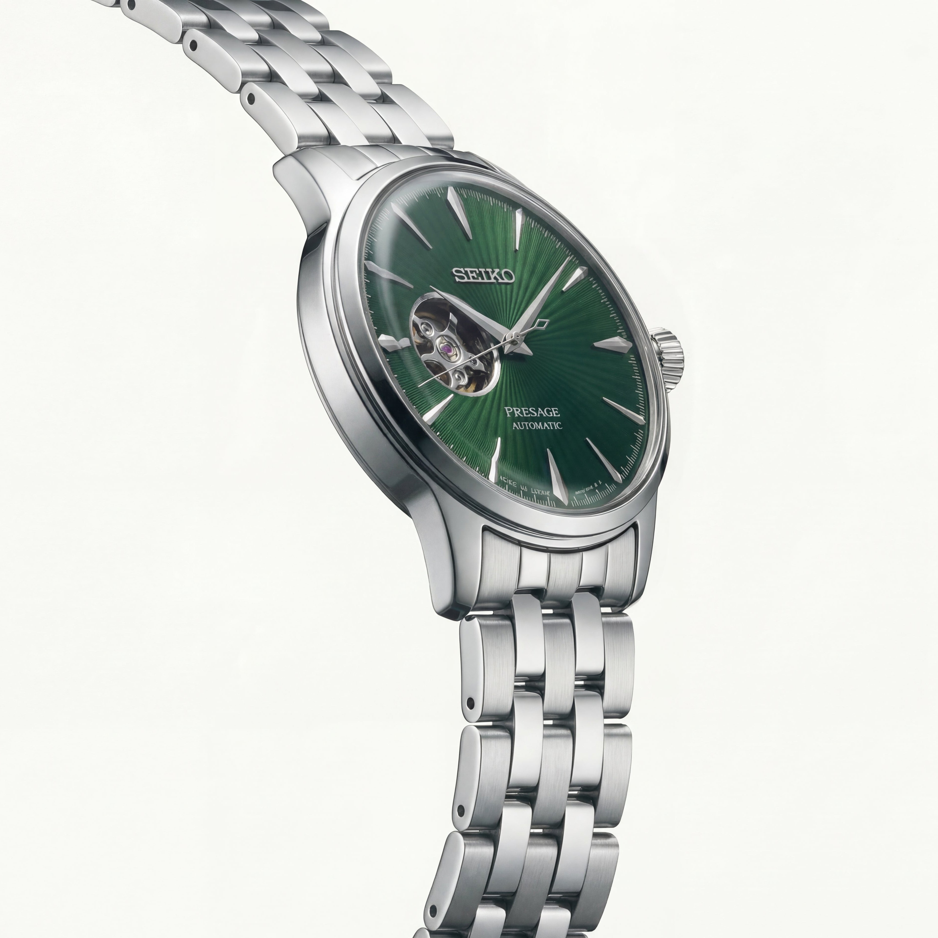 Silver Stainless Steel Case Emerald Green Sunburst Dial Open-Heart Automatic Luxury Bracelet Watch – Men