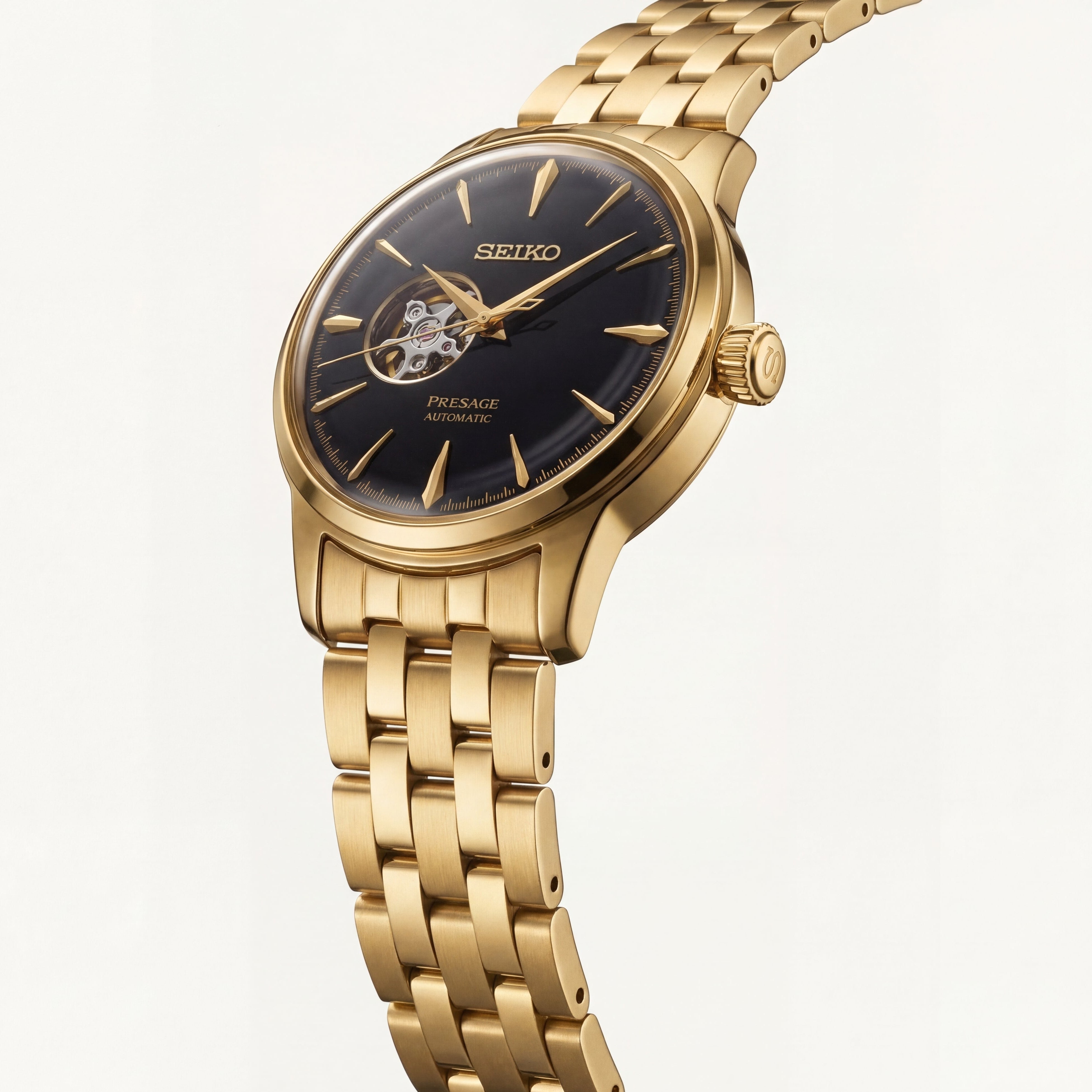 Gold Stainless Steel Automatic Open-Heart Dial Luxury Mechanical Bracelet Watch – Men