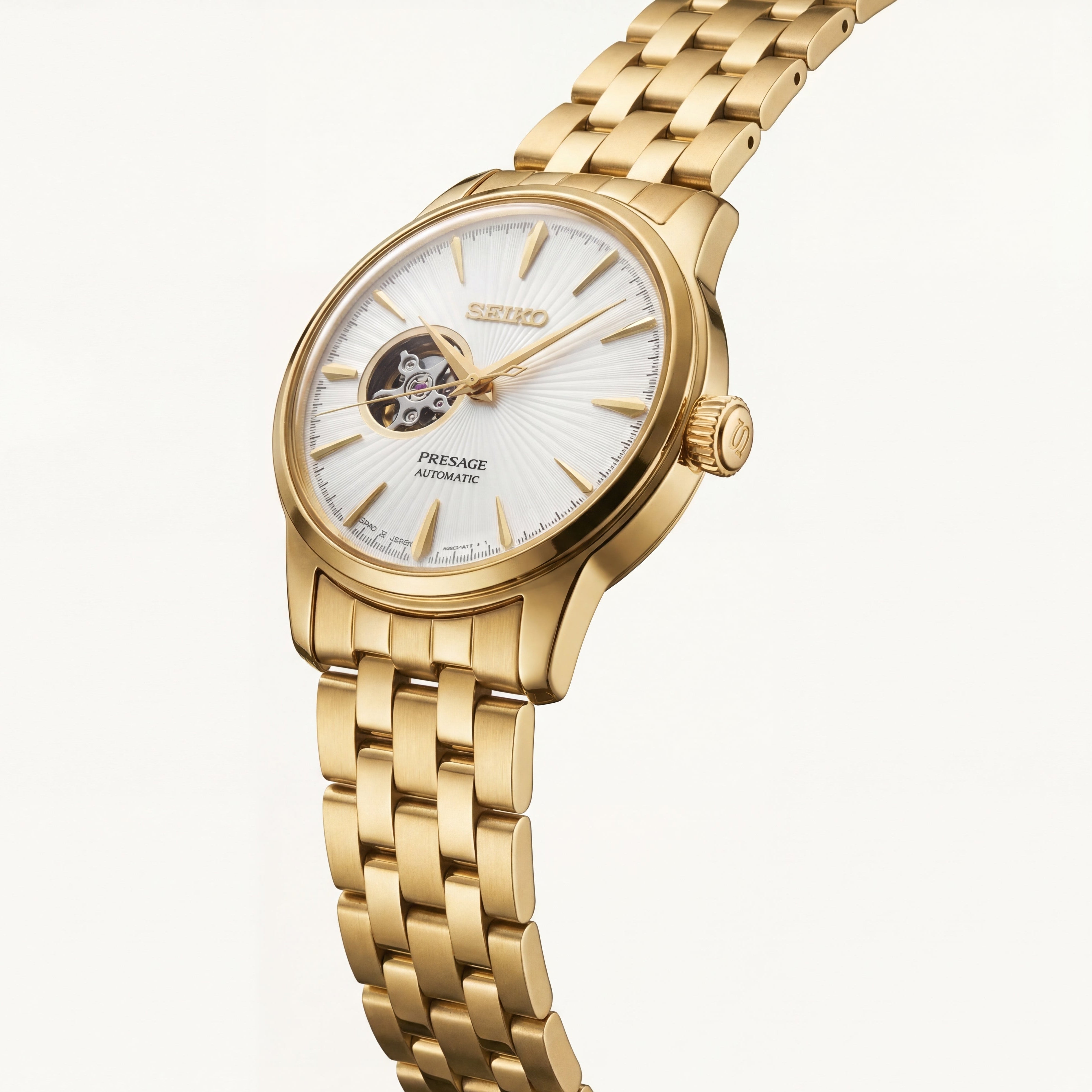 Gold Stainless Steel Case White Sunburst Dial Open-Heart Automatic Luxury Bracelet Watch – Men