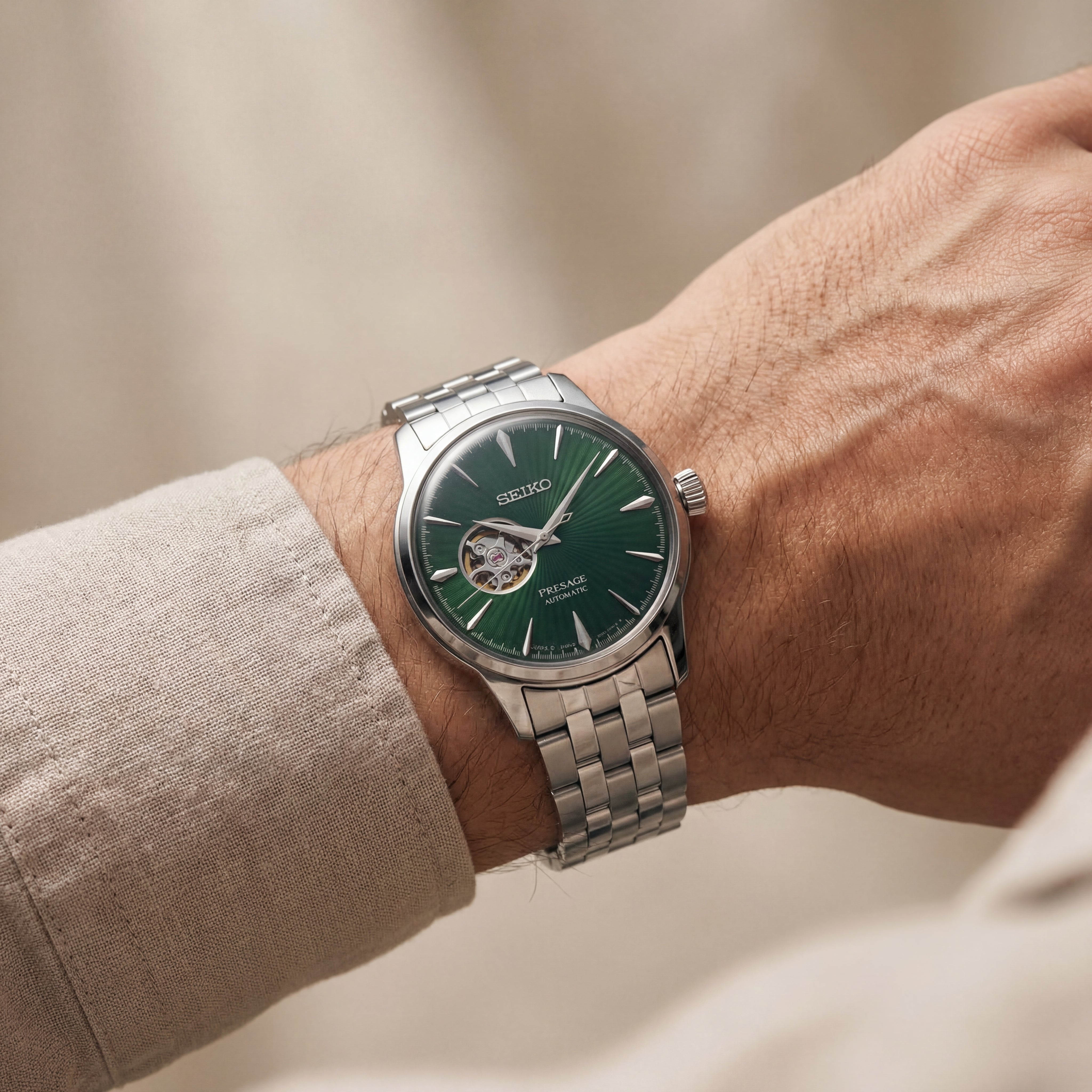 Silver Stainless Steel Case Emerald Green Sunburst Dial Open-Heart Automatic Luxury Bracelet Watch – Men