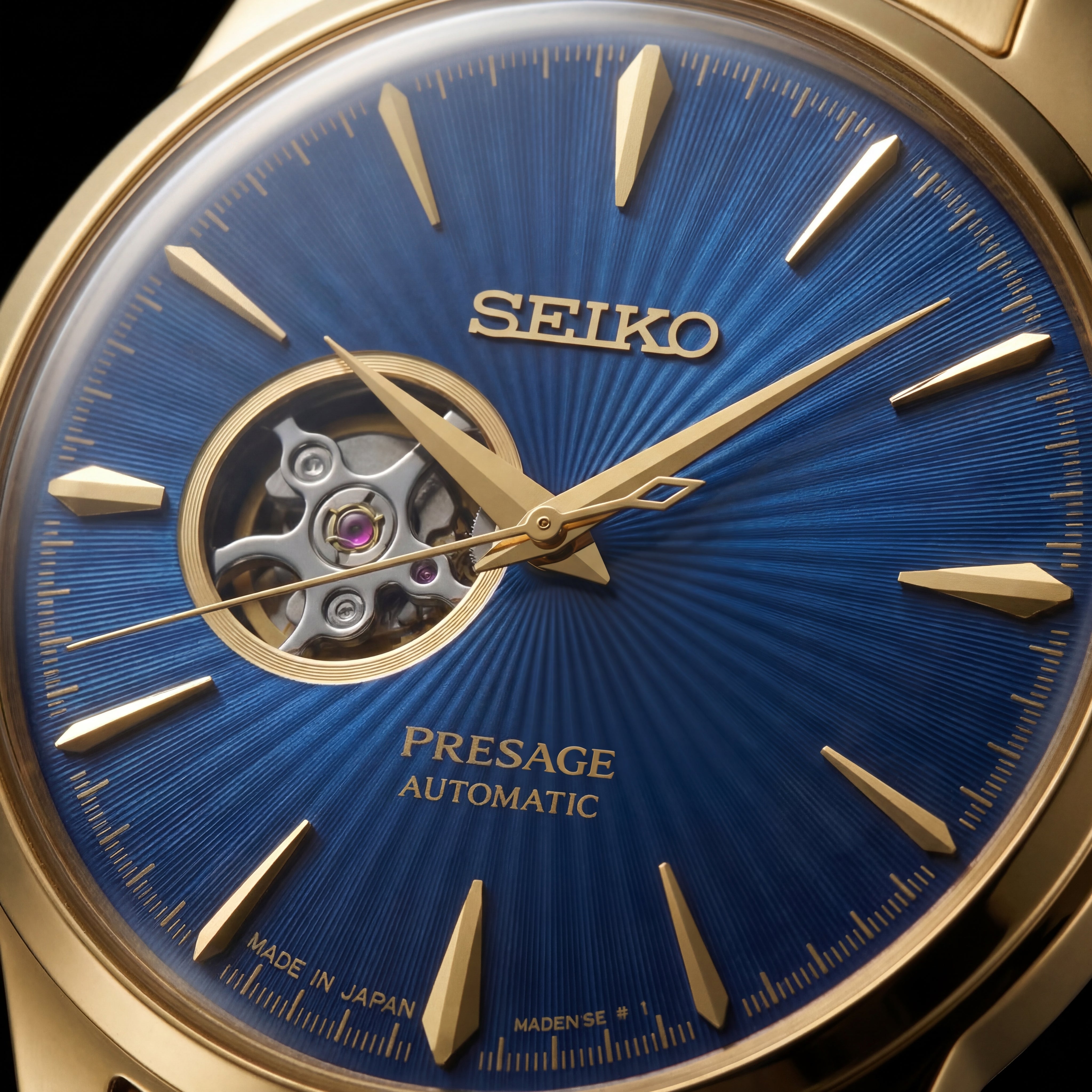 Gold Stainless Steel Case Royal Blue Sunburst Dial Open-Heart Automatic Luxury Bracelet Watch – Men