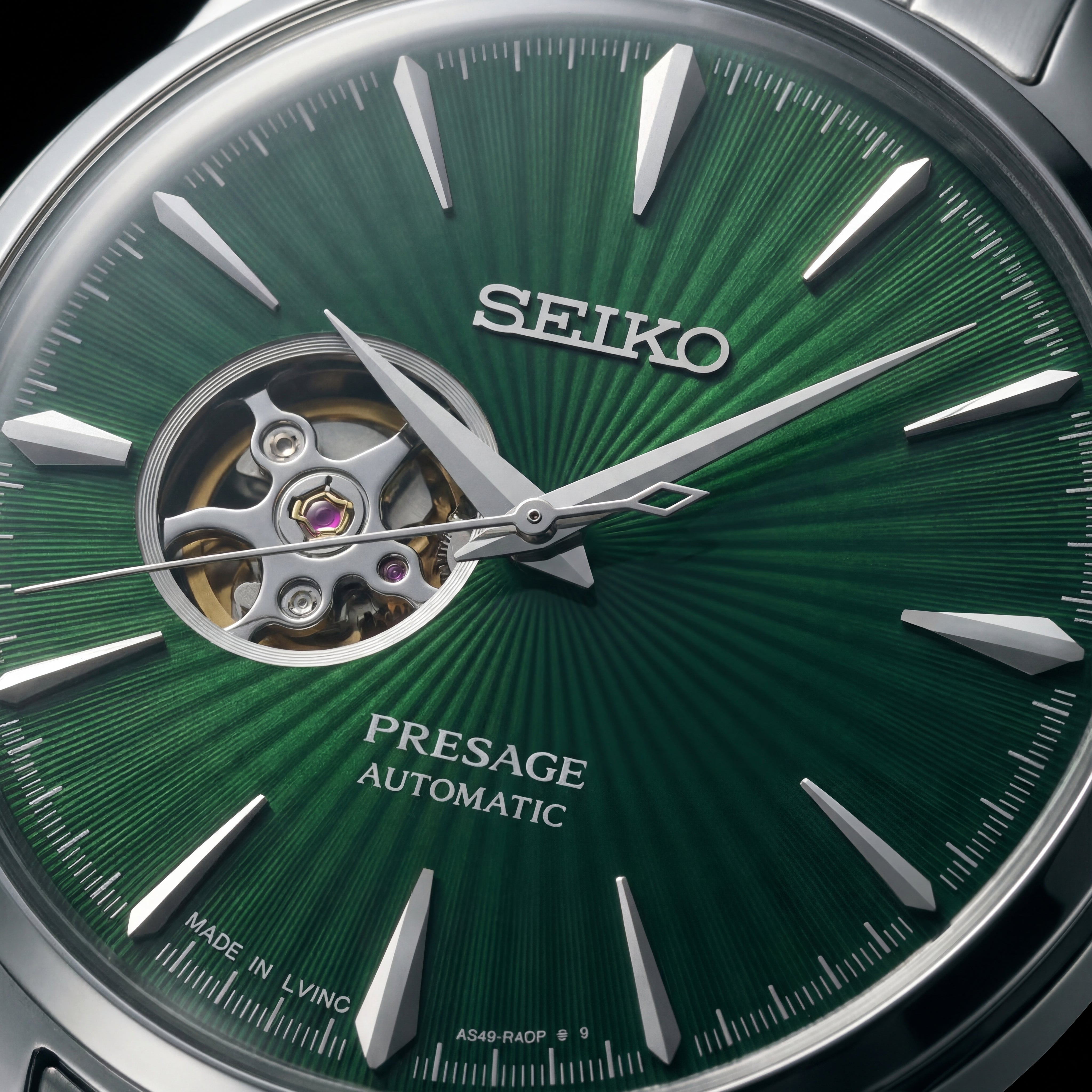 Silver Stainless Steel Case Emerald Green Sunburst Dial Open-Heart Automatic Luxury Bracelet Watch – Men