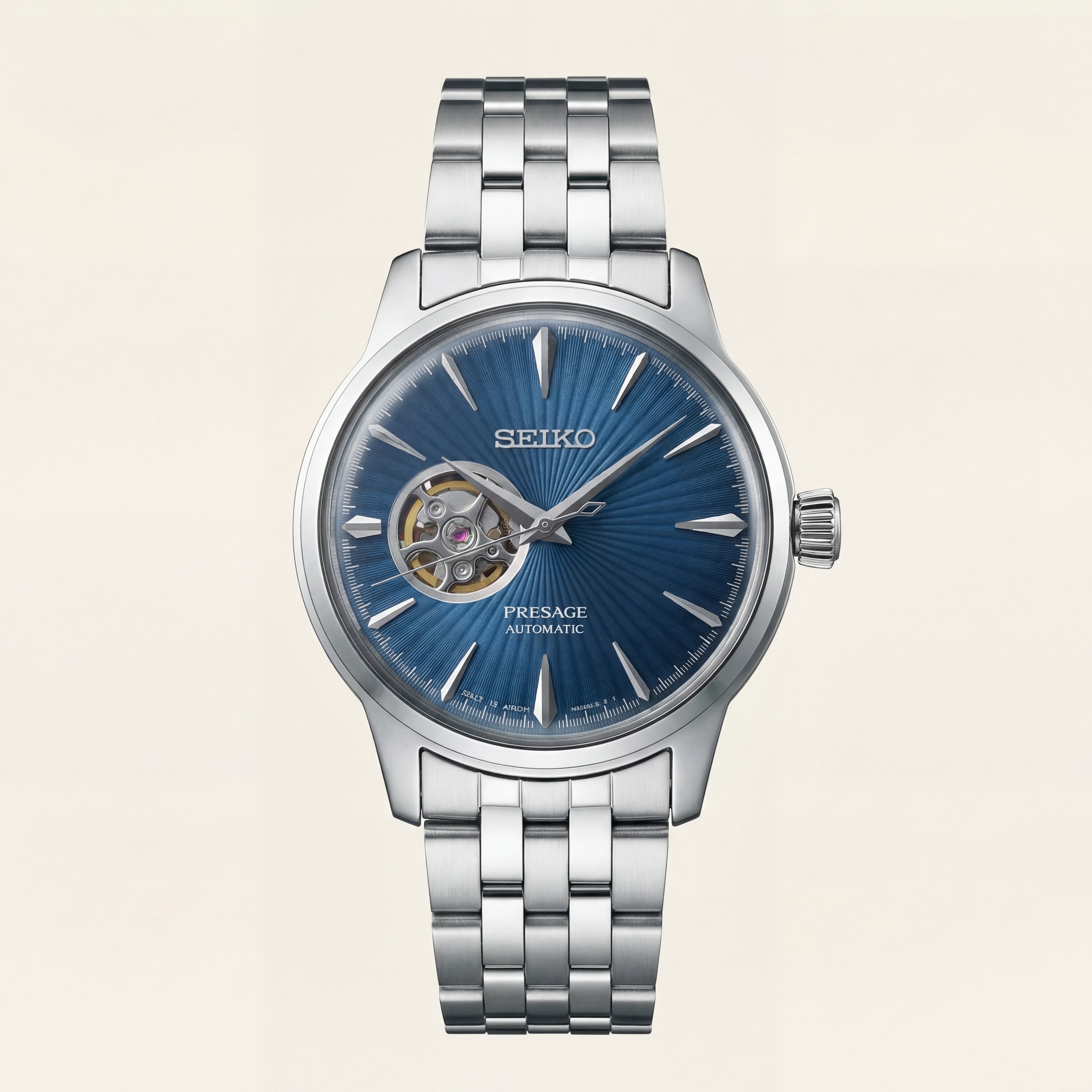 Silver Stainless Steel Case Blue Sunburst Dial Open-Heart Automatic Luxury Bracelet Watch – Men