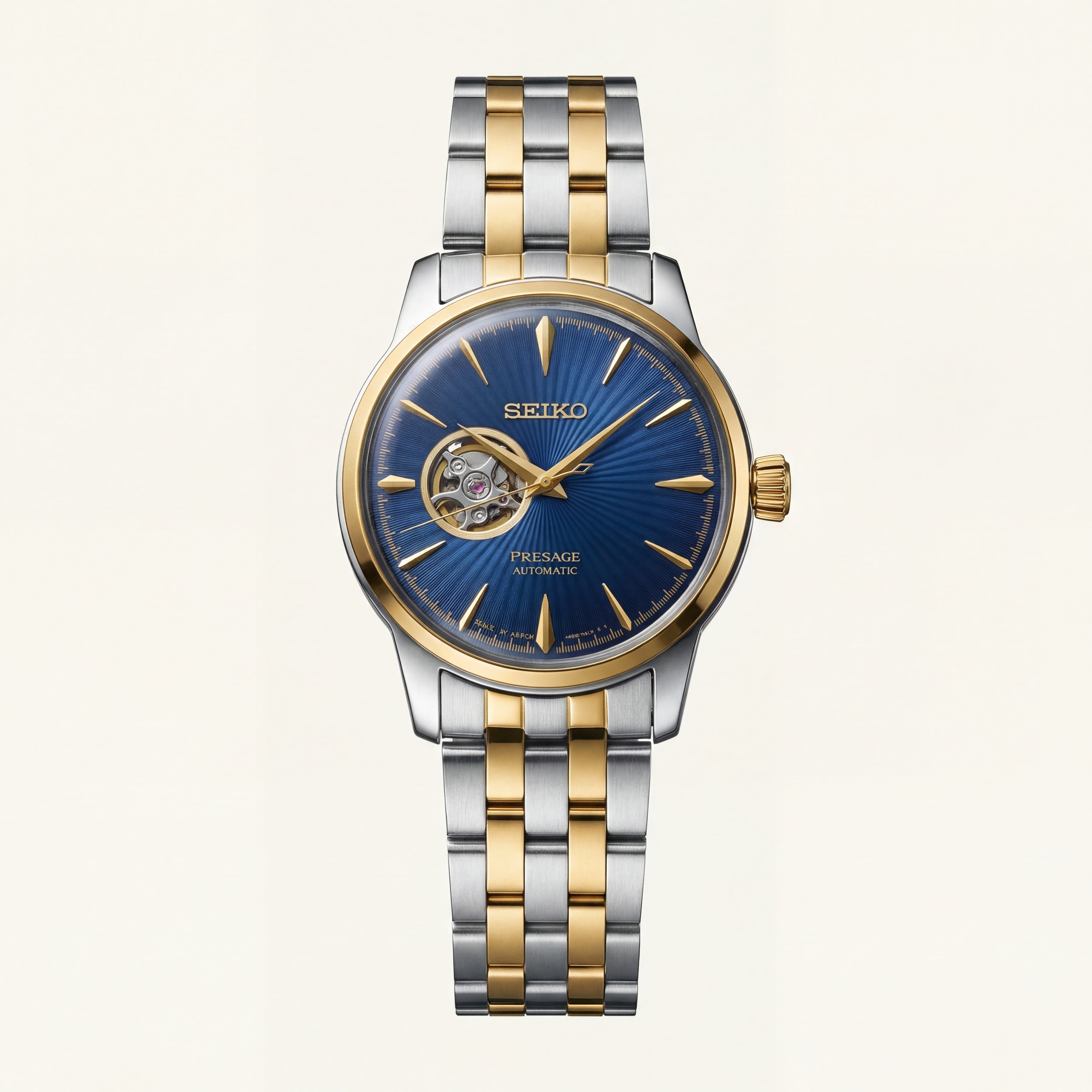 Two-Tone Gold & Silver Stainless Steel Case Blue Sunburst Dial Open-Heart Automatic Luxury Bracelet Watch – Men